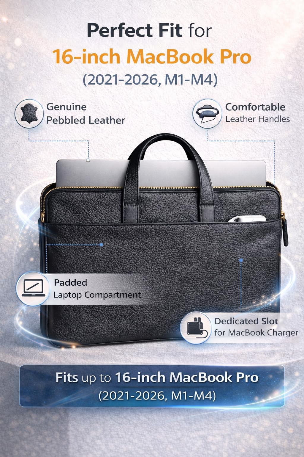 Borsa in pelle per laptop MacBook Pro da 16", fatta a mano, in pelle pieno fiore, con manici, custodia protettiva sottile (coccodrillo nero)