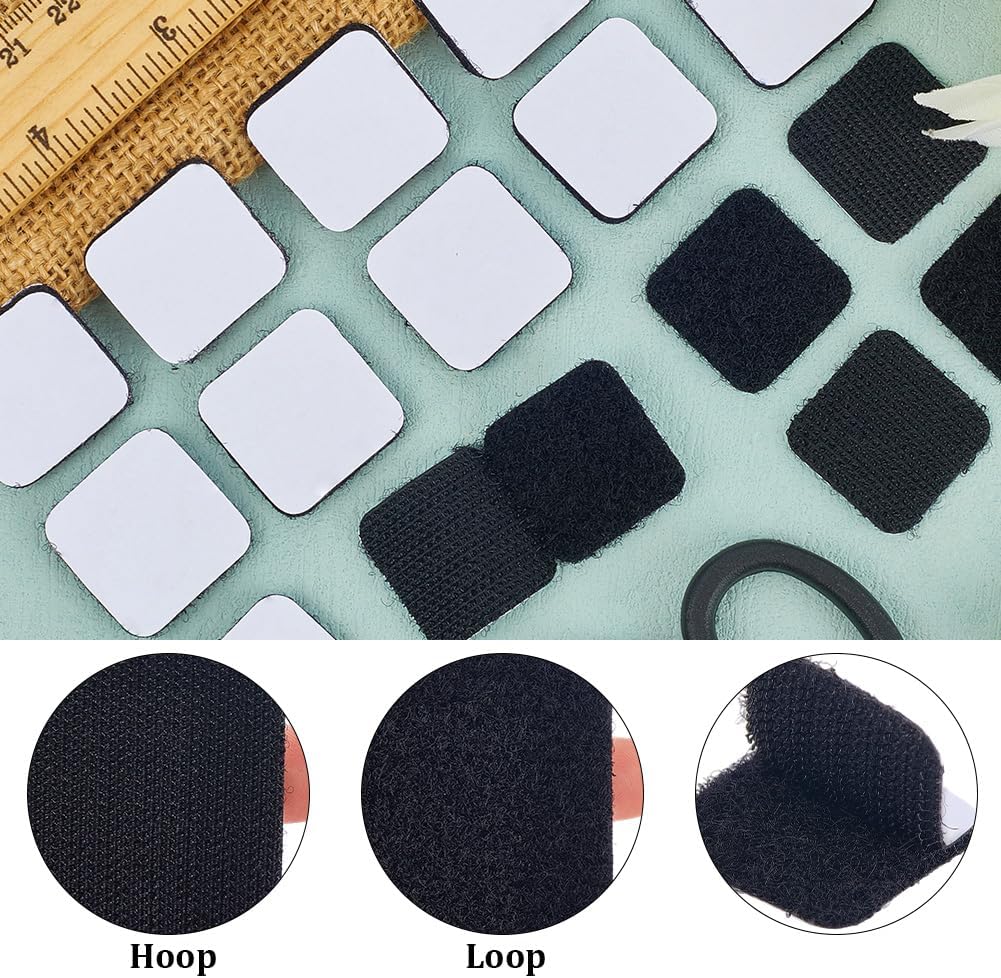 40Pcs Adhesive Hook and Loop Patches Command Hook and Loop Strips 1 x 1 Inch Black Square Heavy Duty Nylon Polyester Interlocking Hanging Small Grip Tapes for Indoor Wall Door Sewing Crafting