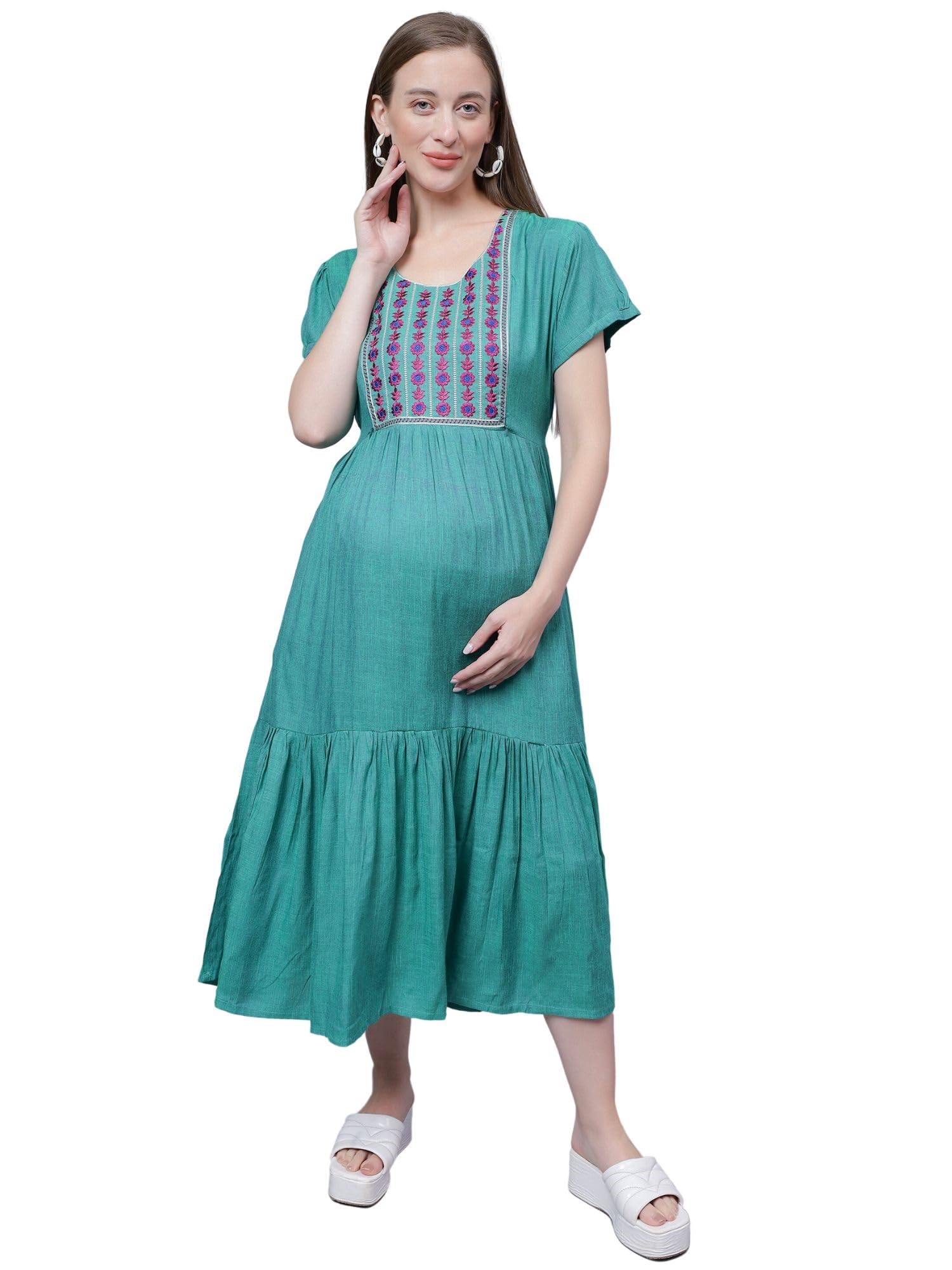 Women's Cotton Round Neck Half Sleeves Maternity Dress Feeding Kurti with Zipper (1491-MD)-image-13