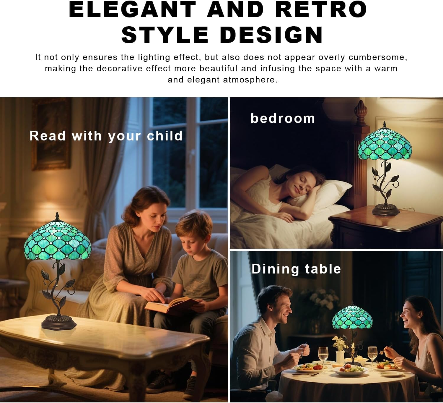 Tiffany Table Lamp, Stained Glass Lamp, 12x12x19 Inch, Metal Leaf Base Decor Lamp for Bedroom、Living Room、Home、Office(Sea Blue Pearl Style)