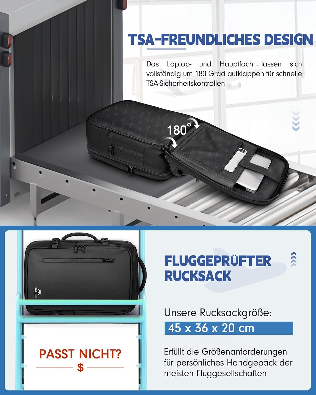 MATEIN Plecak próżniowy do bagażu podręcznego EasyJet 45 x 36 x 20 | wodoszczelny, do samolotu, dla kobiet, na laptopa o przekątnej ekranu 17,3", plecak szkolny pracy, podróży, czarny