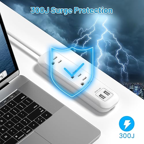 Miniatura 3 de Cable de extensión plano con protector de sobretensiones con puertos USB, 3 tomas, 2 USB A, regleta de alimentación de enchufe plano montable para