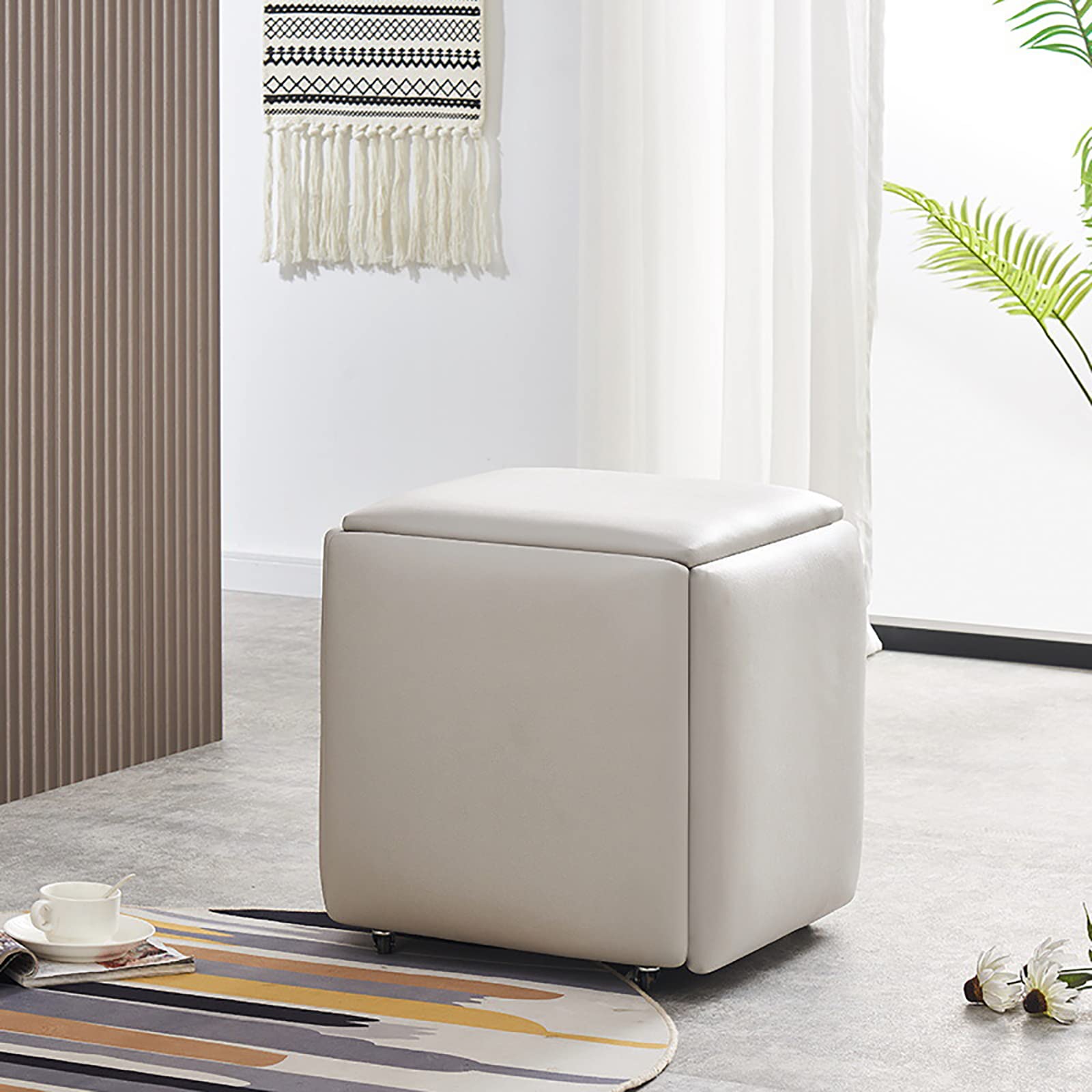 LMMIAOZ Nesting Cube Chair Set with Stackable Stools Faux PU Small Square Foot Rest Stools on Wheels for Living Room and Dining Room 45 * 45 * 45CM