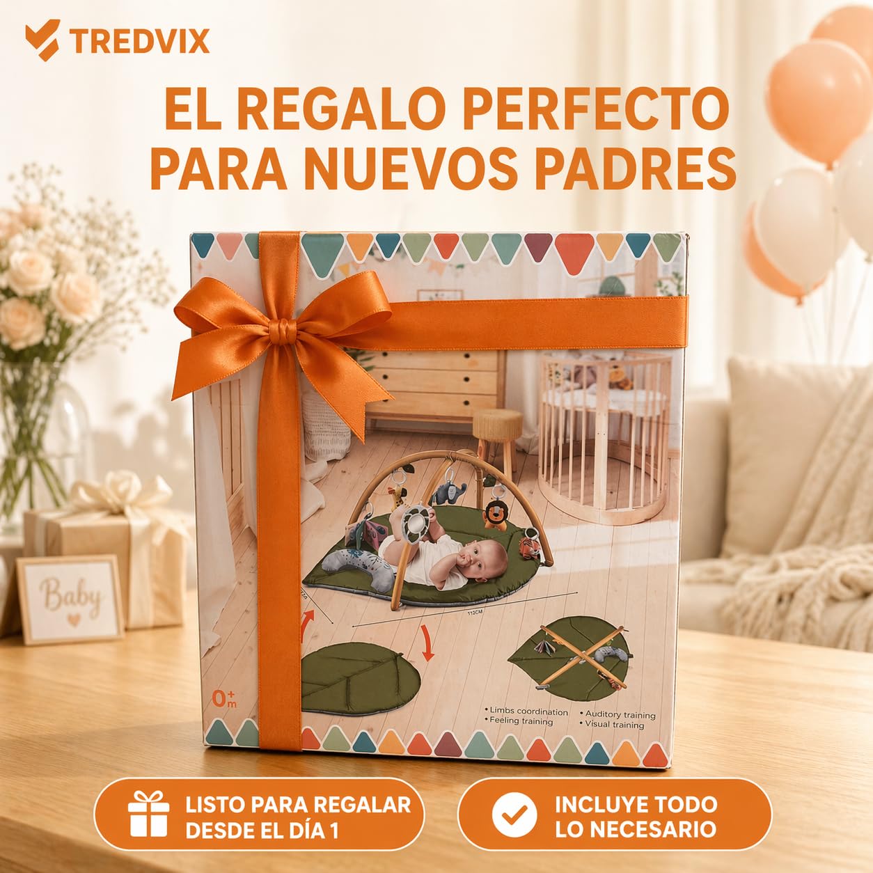 Gimnasio Bebé, Tapete de Actividades y Alfombra de Juegos Acolchada Lavable | Lavable a máquina, arco con 6 juguetes sensoriales desmontables, 2 mordedores, tummy time y uso de 0 a 12 meses