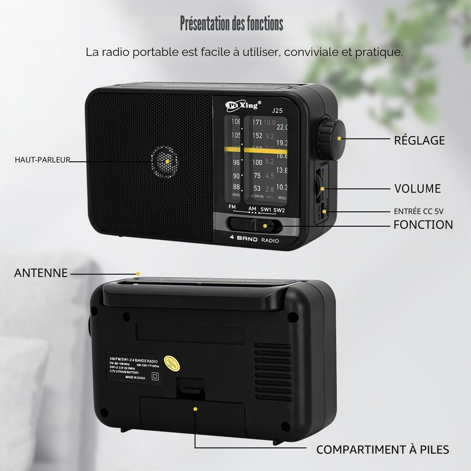 Portable FM AM Radio, réseau et Batterie Radio pour à la Maison ou en Plein air, Petite Poche avec Excellente réception, pour Les Personnes âgées, Facile à Utiliser, Noir
