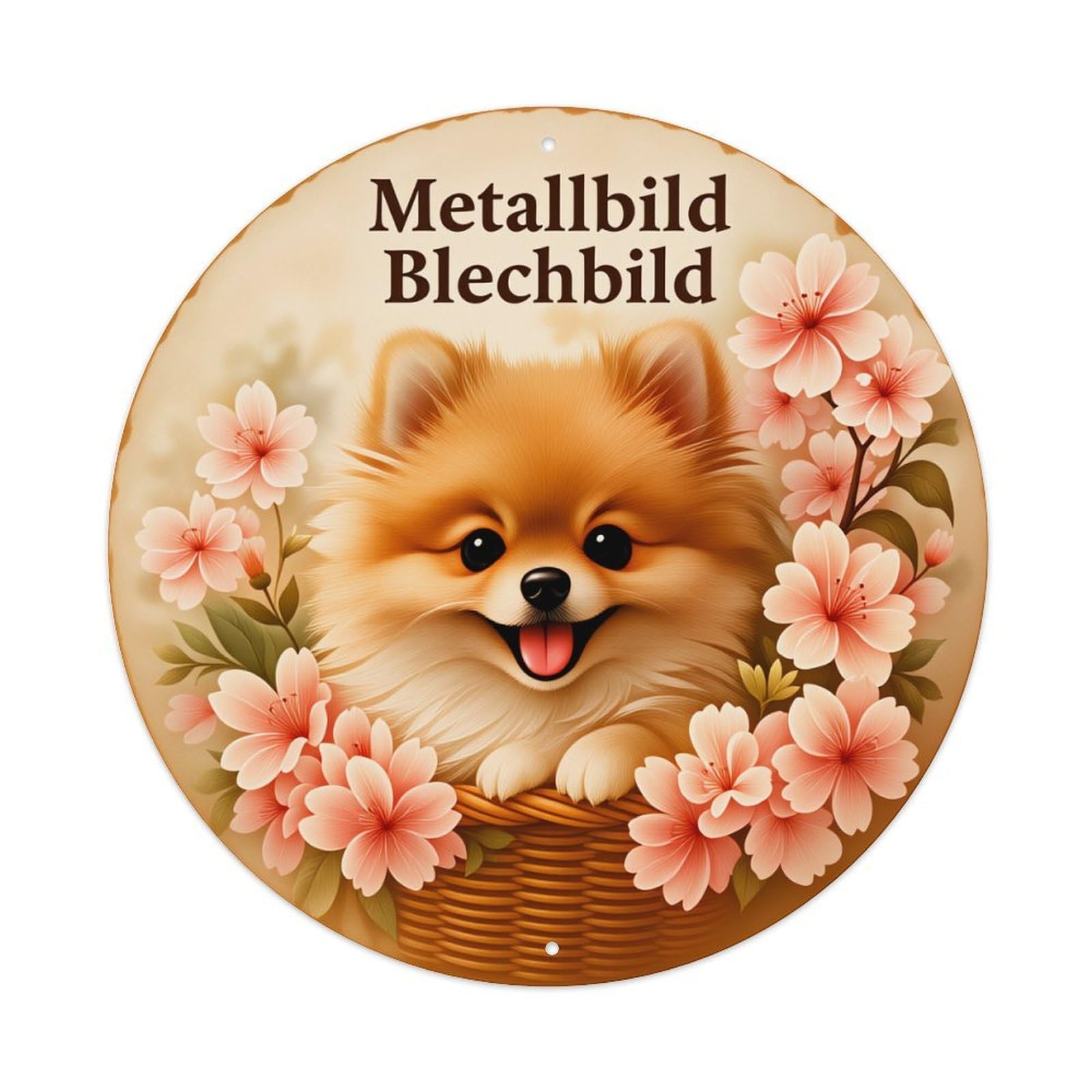 Cute Dog Cherry Blossom Basket Round Tin Sign Vintage Metal Poster Retro Bar, Home, Man Cave, Kitchen, Laundry Room Wall Art Decor Gift 8x8Inch