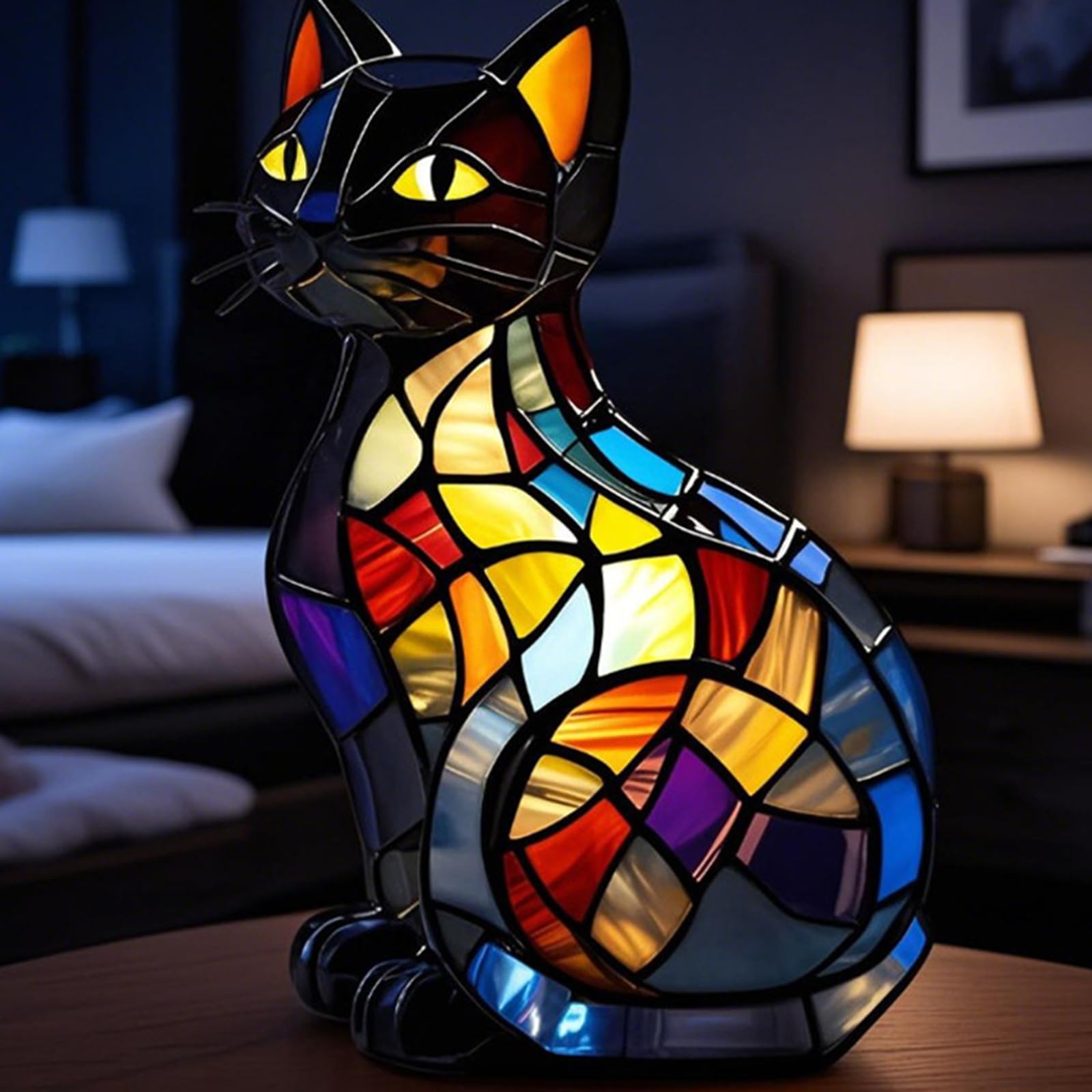 lampe chat vitrail,lampe en forme de chat,cat lamp mosaic,lampe de table en vitrail représentant un chat,katzenlampe mosaik,lampe à vitrail d'animaux,lampe chat led,lampe de table animale-A