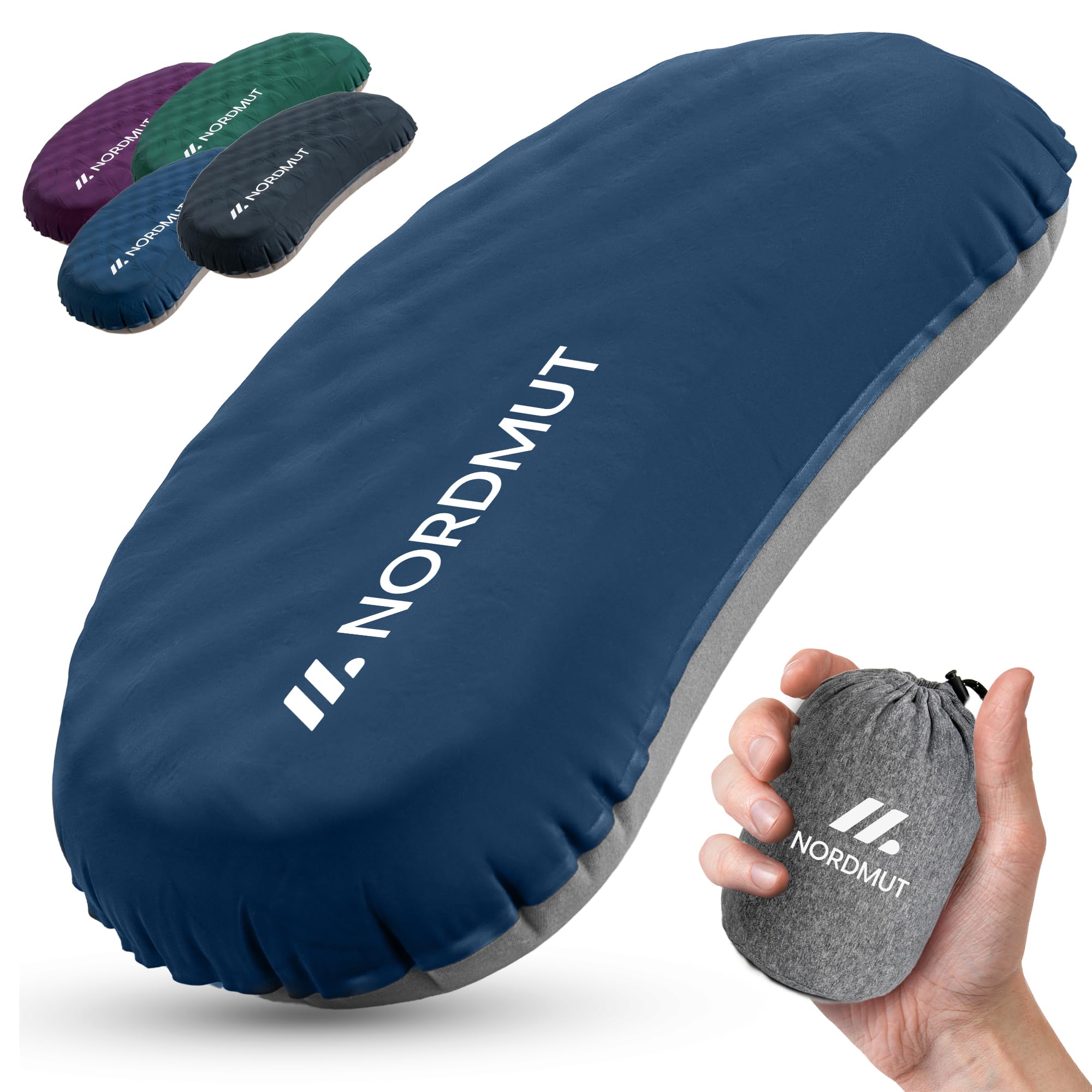 NORDMUT® Campingkissen aufblasbar [SoftSleep+] Komfortables Kissen Ultraleicht mit kleinem Packmaß – Reisekissen aufblasbar inkl. waschbarem Kissenbezug (Blau)