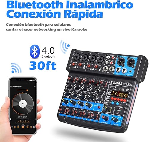 Miniatura 3 de BOMGE Consola mezcladora de sonido mini DJ Audio de 6 canales con interfaz USB, Bluetooth, grabación estéreo, alimentación fantasma de 48V, 24
