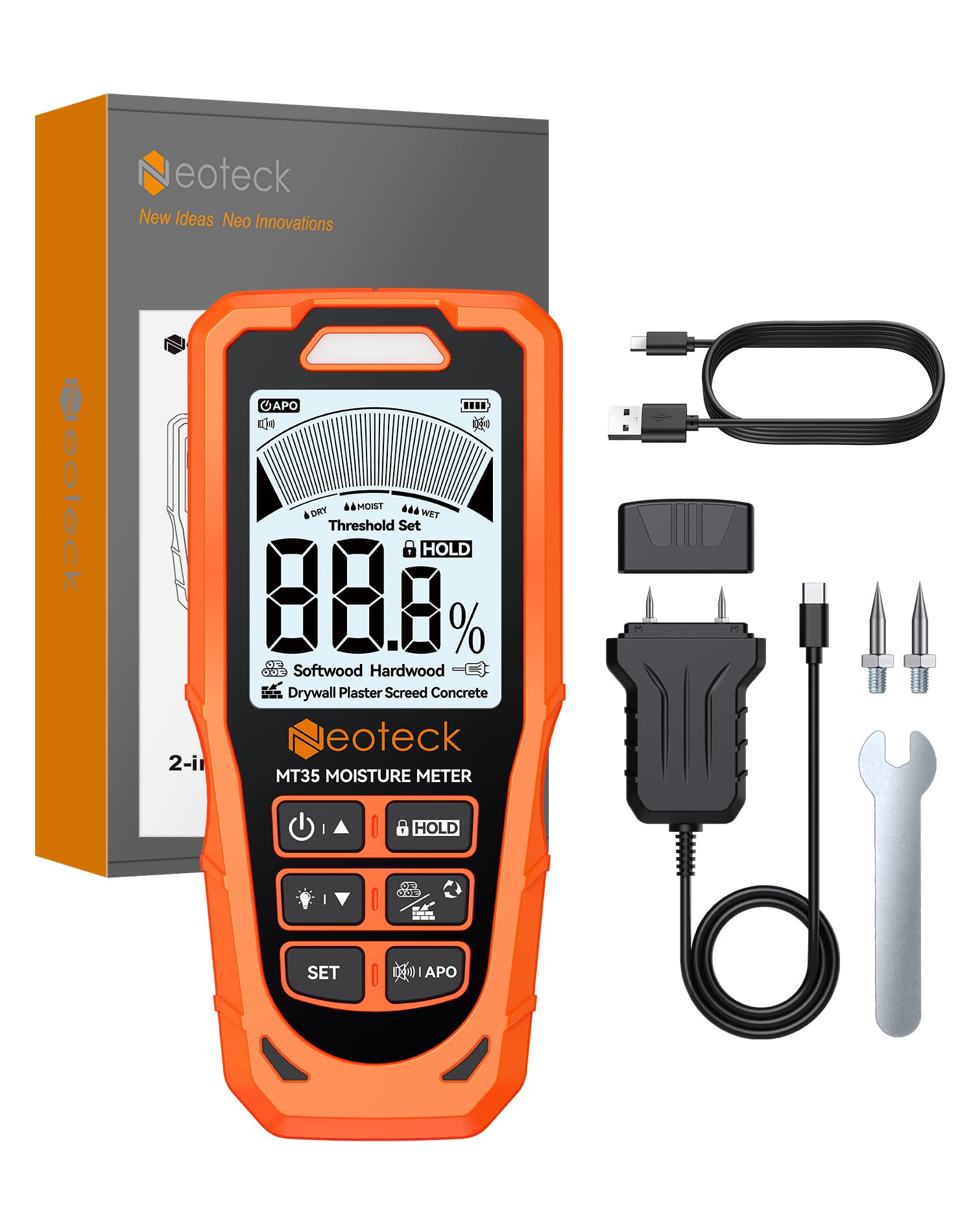 Neoteck Humidimètre 2-en-1 Sans-Pointe & à Sonde – Détecteur d’Humidité Mur & Bois, Écran LCD Couleur, Alerte Sonore/Visuelle, Mesure Placo, Béton, Plâtre, Screed pour Diagnostic Maison