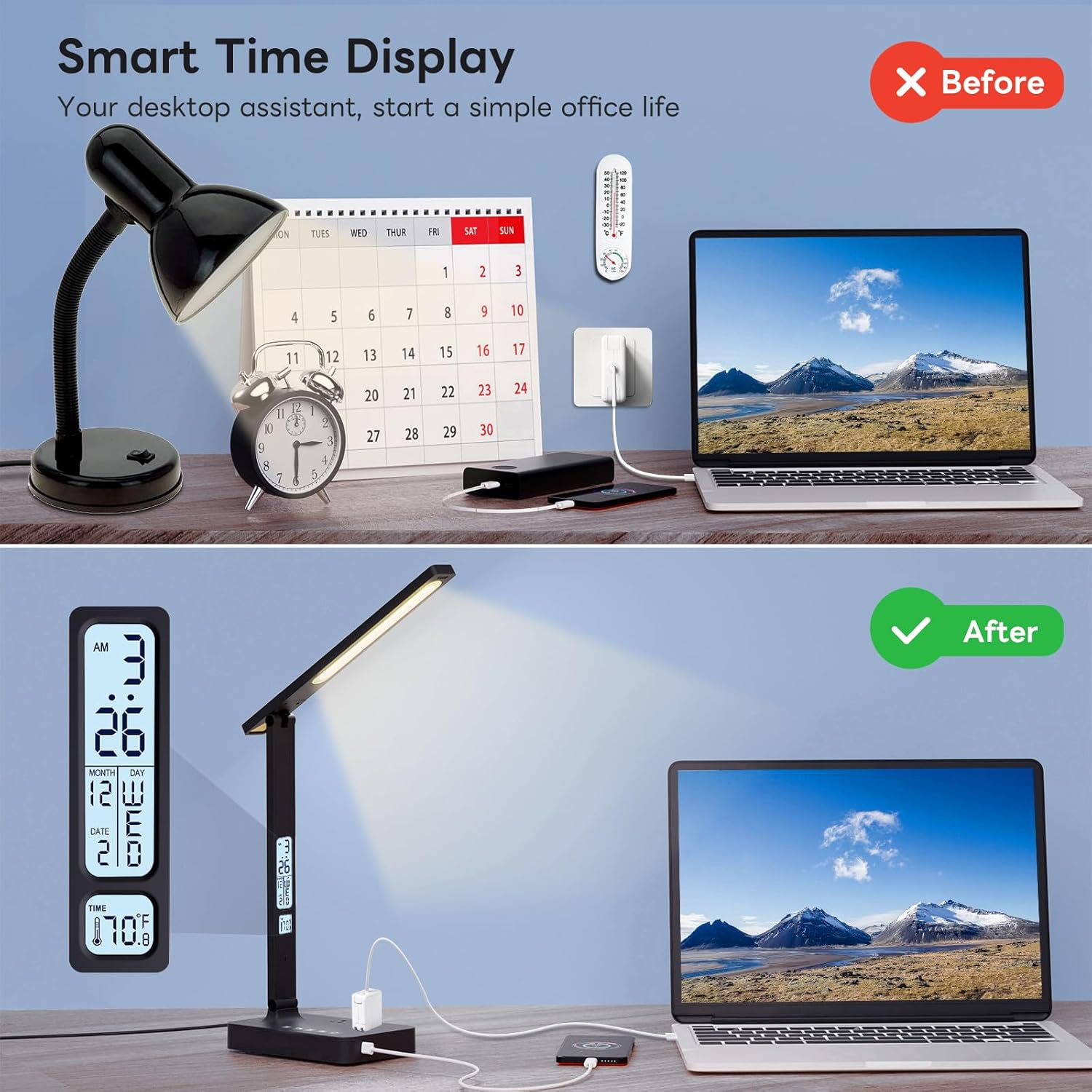 Power Strip with LED Desk Lamp: 2 Outlets 1 USB-A Ports 1 Type-C Ports 5 Modes & Color. Touch Small Desk Lamp for Home Office Bedroom Bedside, Study Reading Light, Dorm Room Essentials