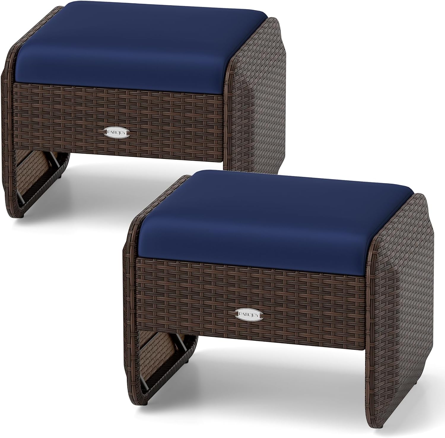 Tangkula 2 Pieces Patio PE Wicker Ottomans with Removable Cushions, Multipurpose Outdoor Furniture for Additional Seating, Footrest and Side Table, Outdoor Footstools for Porch, Backyard (Navy)