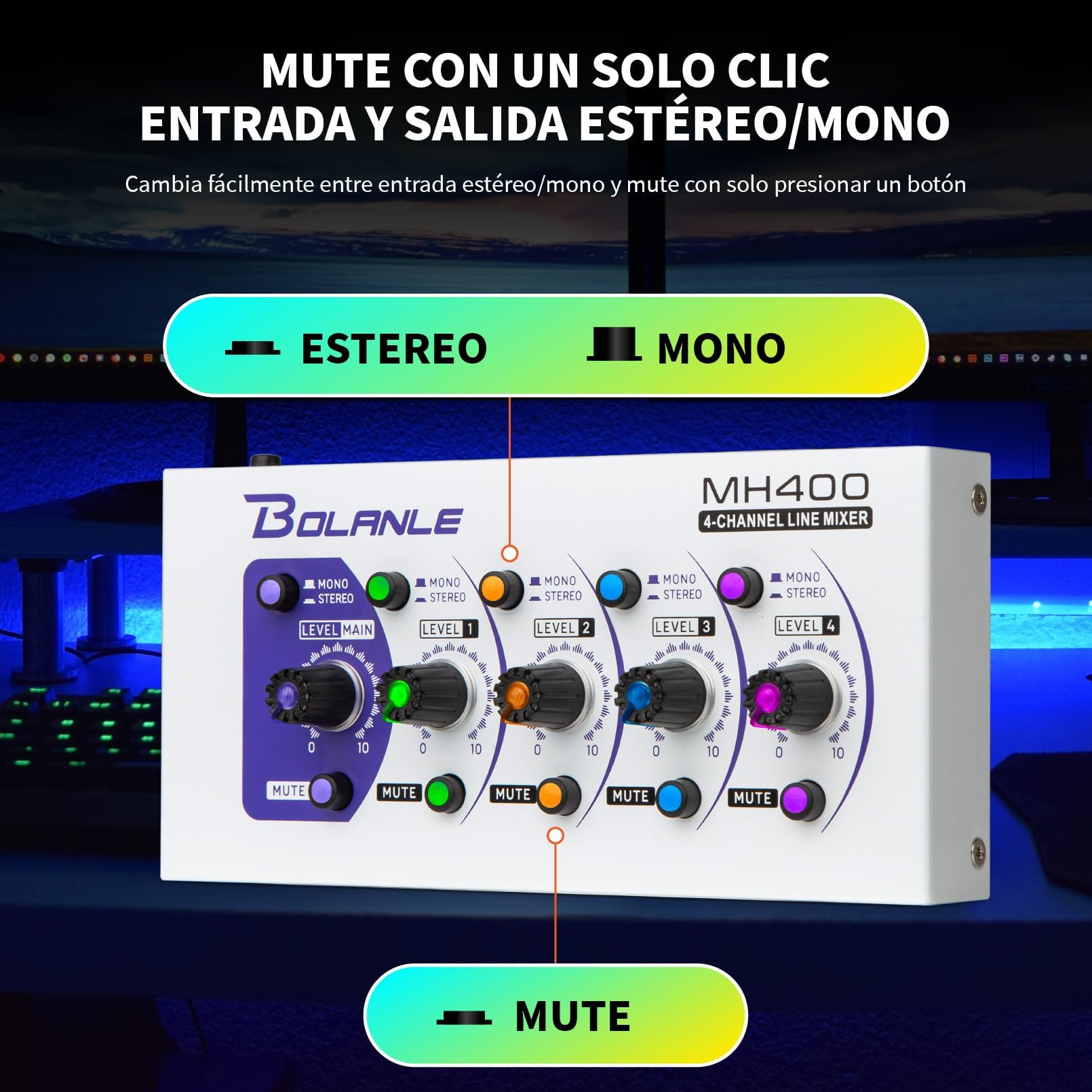 Bolanle MH400 4-Channel Stereo Line Mixer, Ultra Low-Noise Sub-Mixer with Independent Volume & Mute Control - Image 2