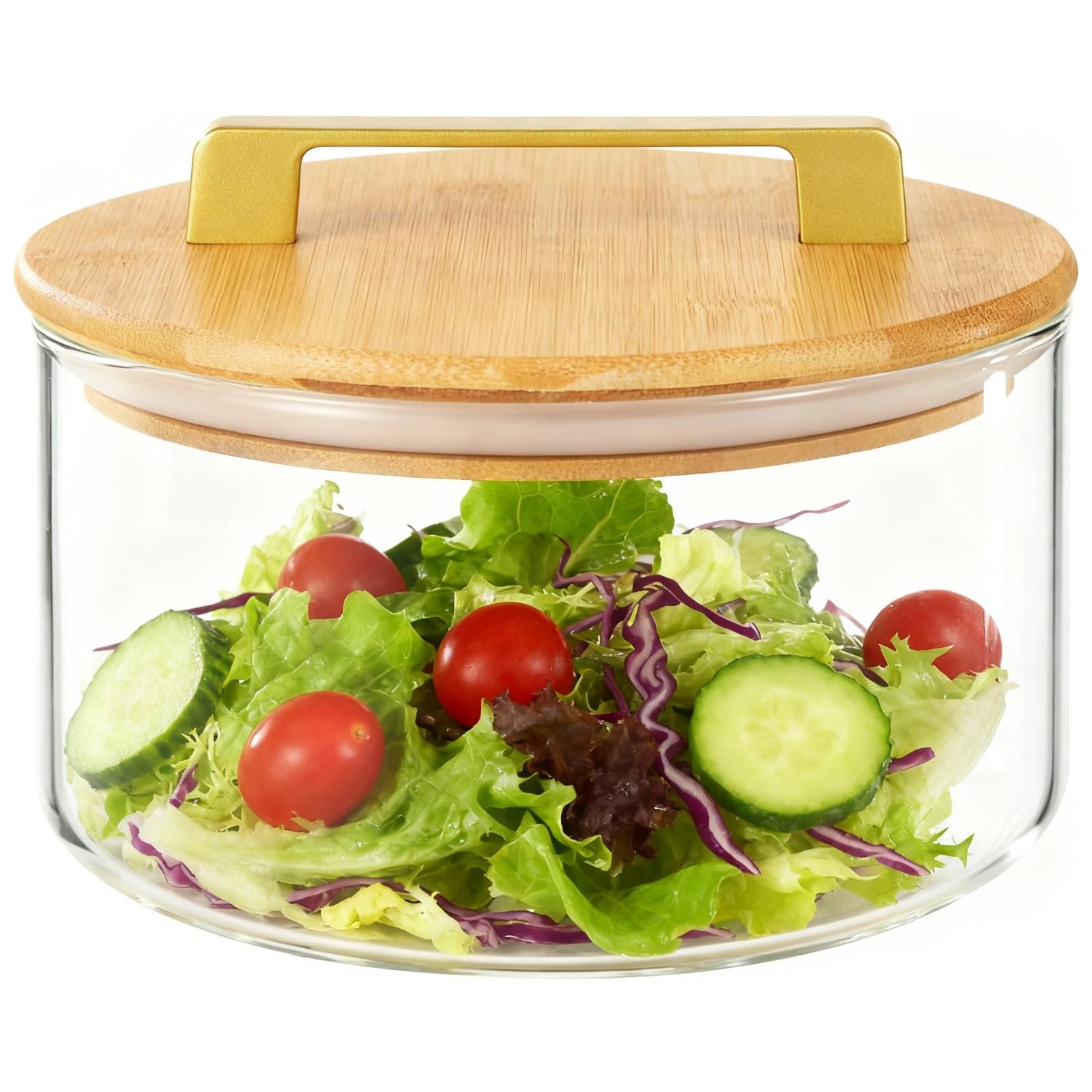 SWEWARM Classic Large Glass Salad Bowl with Wooden Lid & Handle (21cm x 13cm) – Transparent Serving Dish for Kitchen, Parties, Picnics & Everyday Use