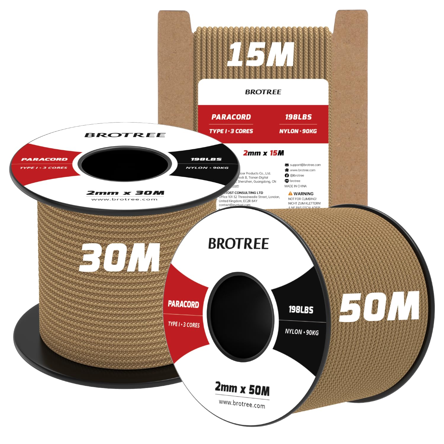 Brotree 2mm Paracord 3 Strands 15M 100% Nylon Rope Parachute Cord for Outdoor, Craft, DIY - 90kg Breaking Load (Tan) — image 1