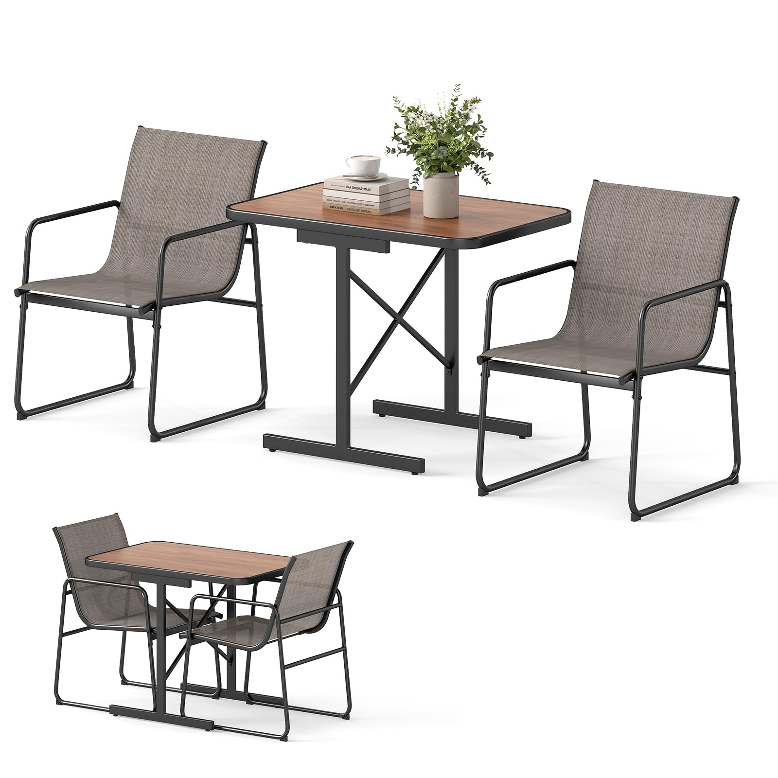 KOMFOTTEU Set di Mobile da Giardino in 3 Pezzi, Set Tavolo e 2 Sedie da Balcone in Tessuto Textilene, Set da Bistrò per Patio, Veranda, Bordo di Piscina, per 2 Persone, Grigio