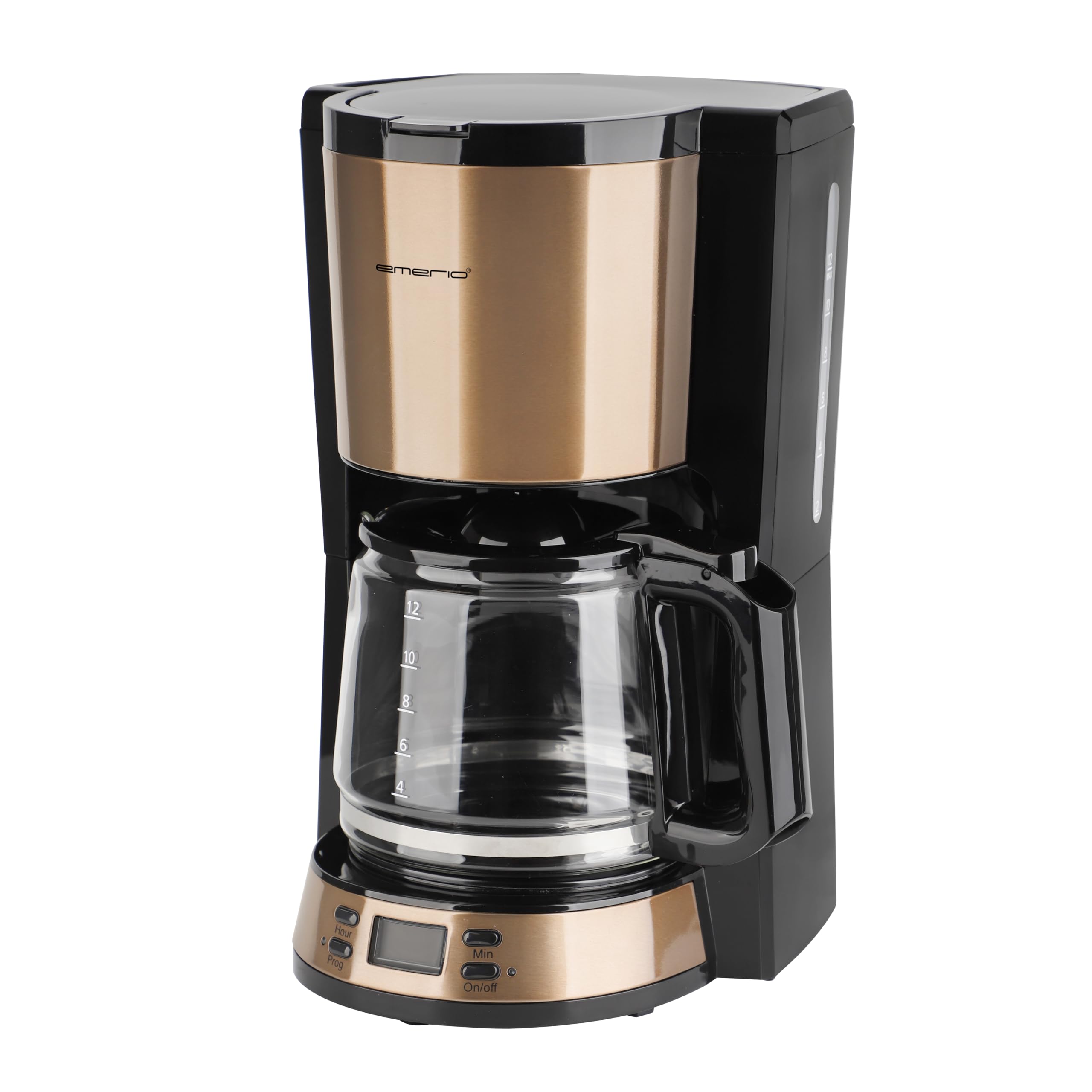 EMERIO Cafetera con filtro con temporizador y pantalla, diseño de cobre, jarra de cristal de 1,5 l para hasta 12 tazas de café fresco, filtro permanente extraíble, función antigoteo, 1000 W, CME