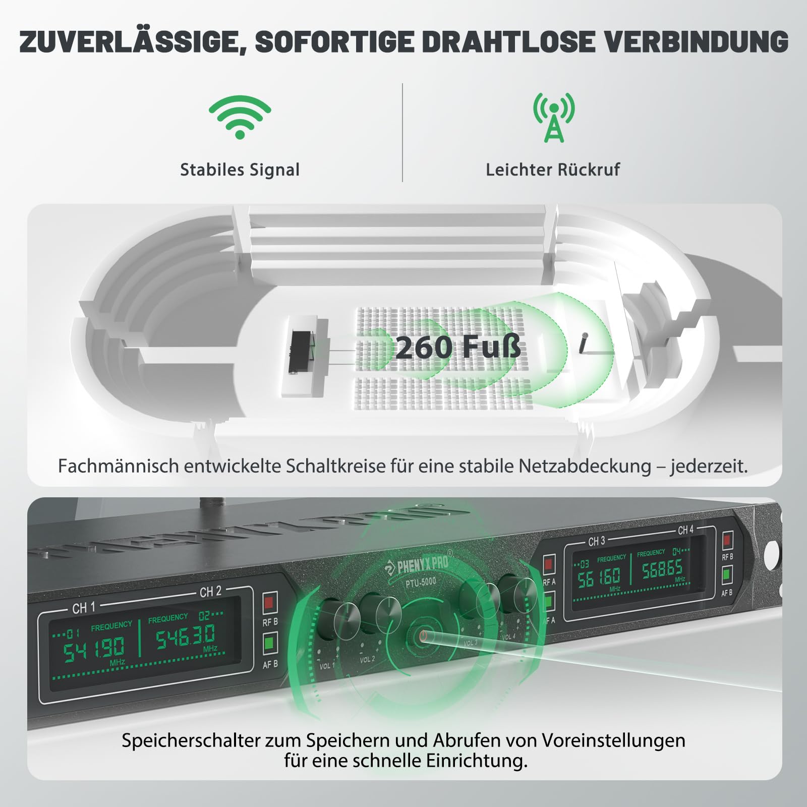 Phenyx Pro Mikrofon kabellos,4-Kanal Karaoke Mikrofon,Kabelloses Festfrequenz-Metall-Funkmikrofon mit 4 Handmikrofonen für Gesang, Kirche, DJ (PTU-5000A)