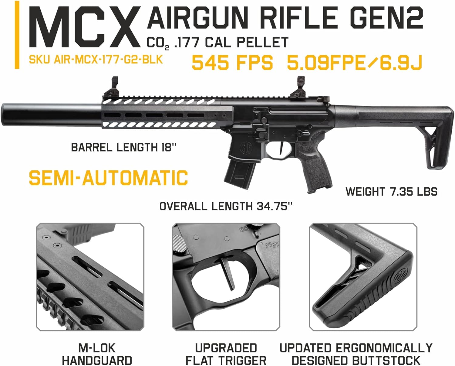 Hawki Wearable4U Bundle for Sig Sauer MCX Air Rifle, MCX GEN 2.177 Caliber Pellet, 30rd, Semi-Automatic Black - Air Rifle, 2x90gr CO2 Tanks and Pack of 500 Airgun Pellets