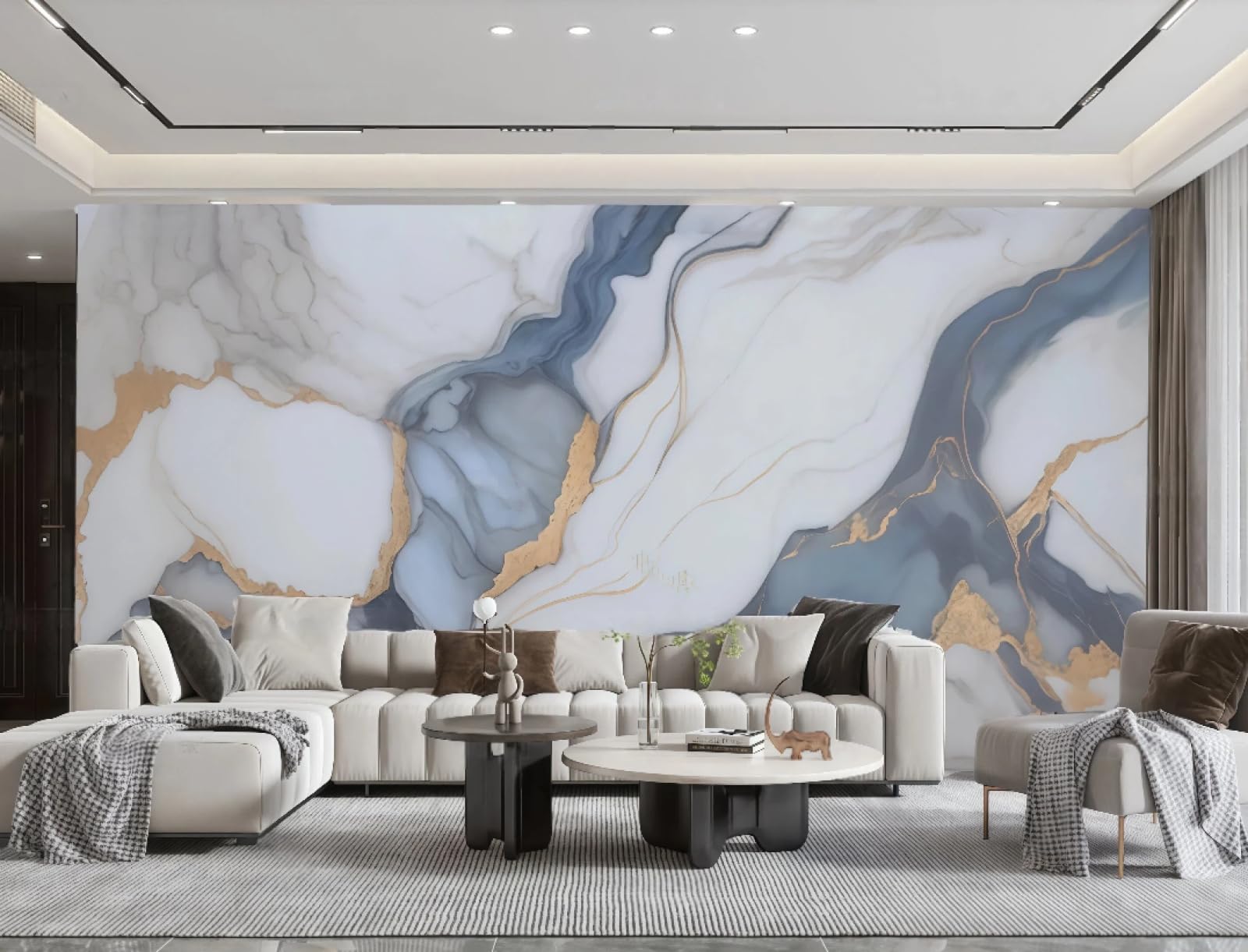 Tapeta nowoczesna minimalistyczna sztuka granatowy pozłacany biały marmurowy wzór salon sypialnia tło tapeta ścienna hotel restauracja kawiarnia mural, 3D, 430 x 300 cm