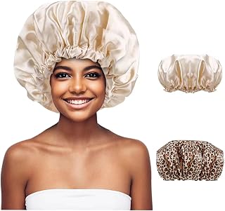TRENDYSUPPLY Shower Cap, 2 Pack Extra large Satin Adjustable & Reusable for Dreadlocks, Jumbo Waterproof Bath Cap for Women, Girls, Braids, Long Hair (Leopard+Gold)