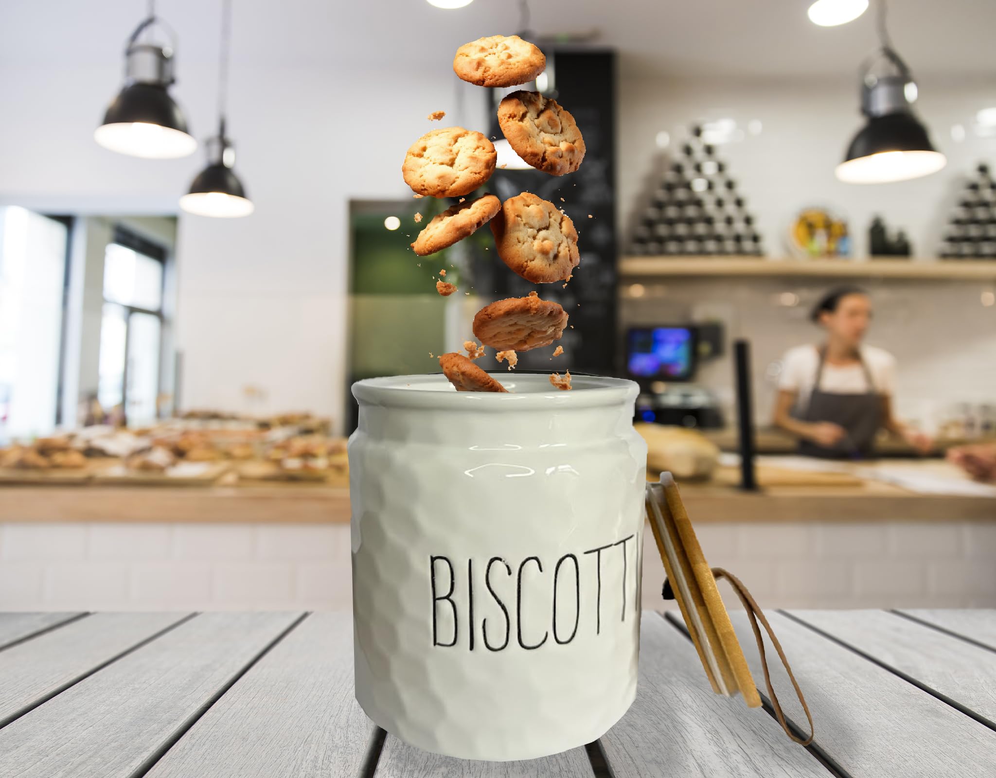 Barattolo Biscottiera, Porta Biscotti, Contenitore Cucina, in Ceramica Effetto Martellato, Tappo in Legno