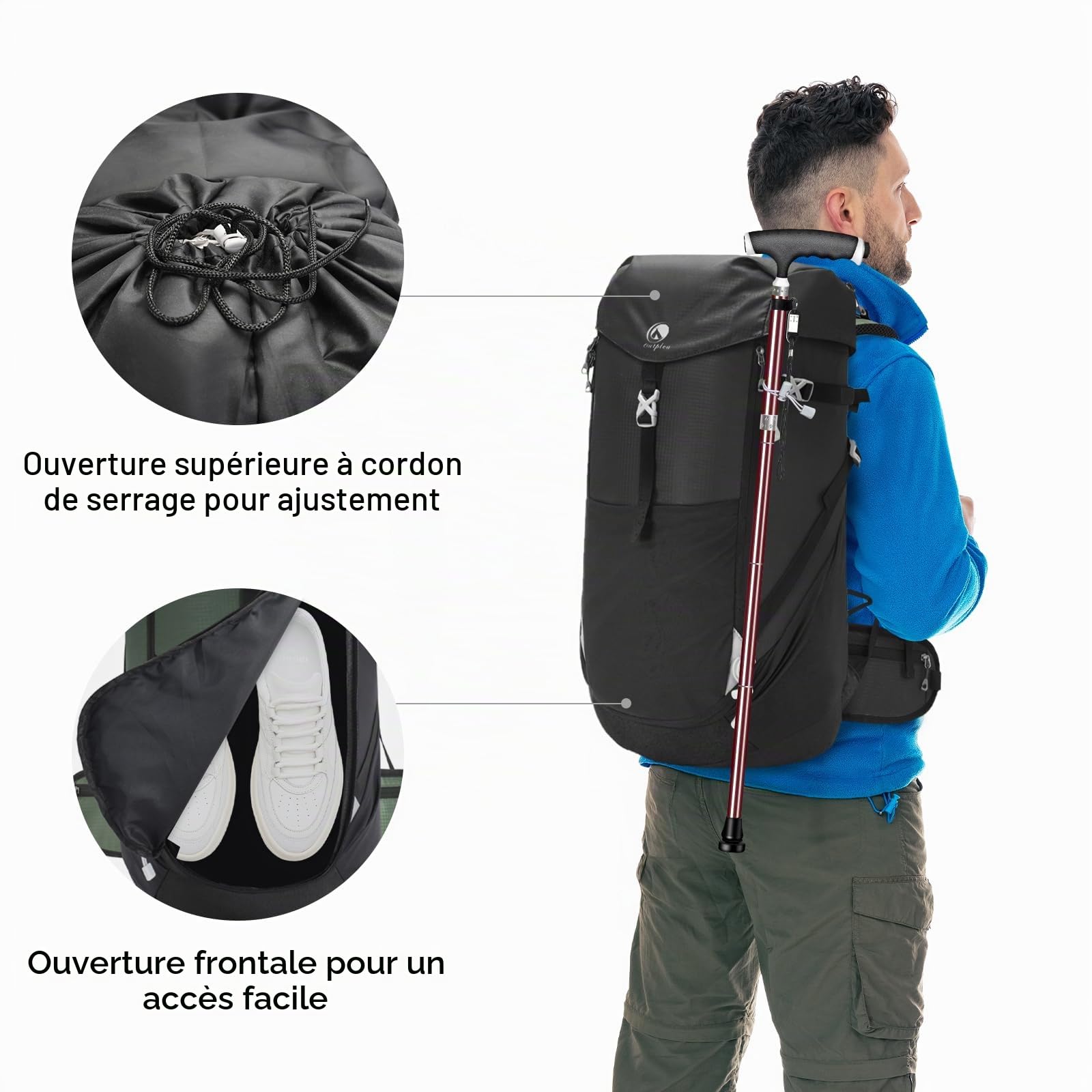 Grand Sac a Dos Randonnée 50L, Etanche Sac a Dos de Voyage avec Ouverture Frontale, Léger Sac à Dos de Trekking pour Camping, Sac à Dos Sport pour Loisir Alpinisme, Noir