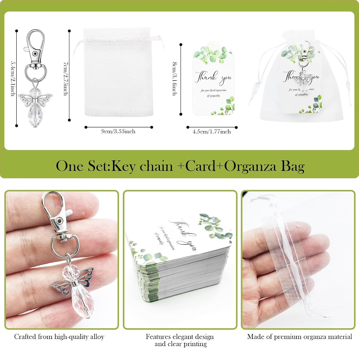 100 Sets Funeral Favors Angel Keychain Memorial Gifts White Organza Bags Thank You Tags for Funeral Party Guest Return Favors