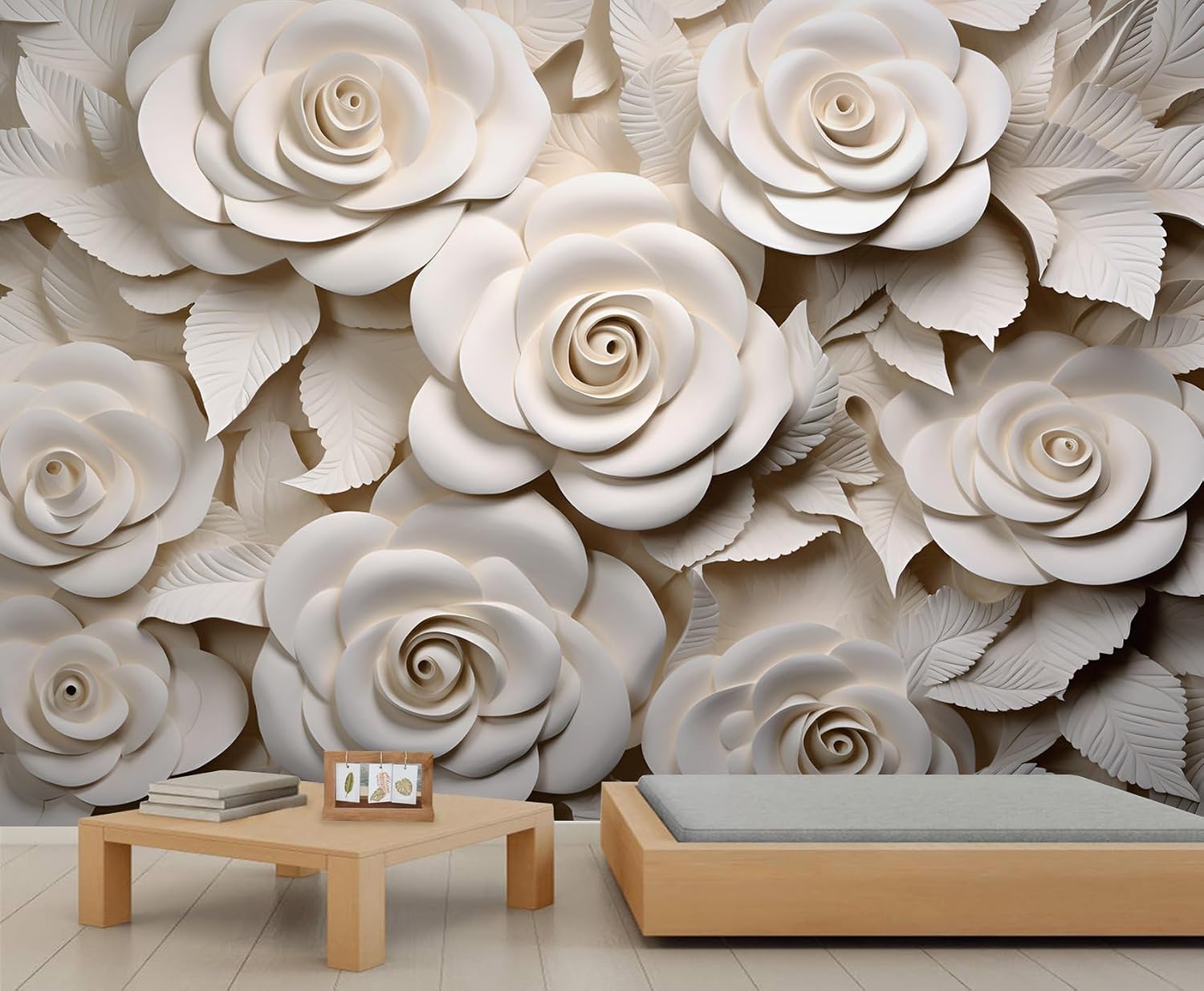 Embossed Flowers Wallpaper, 3D Floral Wall Paper Murals, Luxury Petals Wall Paper for Bedroom, White Roses Removable Wallpaper for Renter, Woman Flower Large Mural & Girls Room Decor