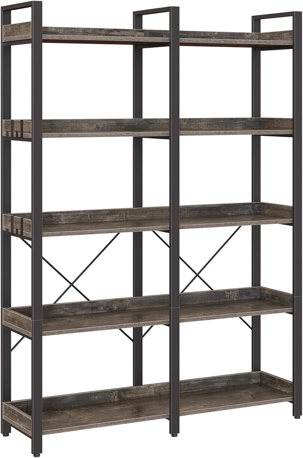 Seventable 5 Tier Large Bookshelf, 63" Tall Industrial Bookcase with 4 Hooks, Wooden Bookcase for Home Office Living Room, 43.3” Wide Standing Storage Shelf with Open Shelves, Grey