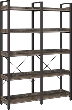Seventable 5 Tier Large Bookshelf, 63" Tall Industrial Bookcase with 4 Hooks, Wooden Bookcase for Home Office Living Room, 43.3 Wide Standing Storage Shelf with Open Shelves, Grey