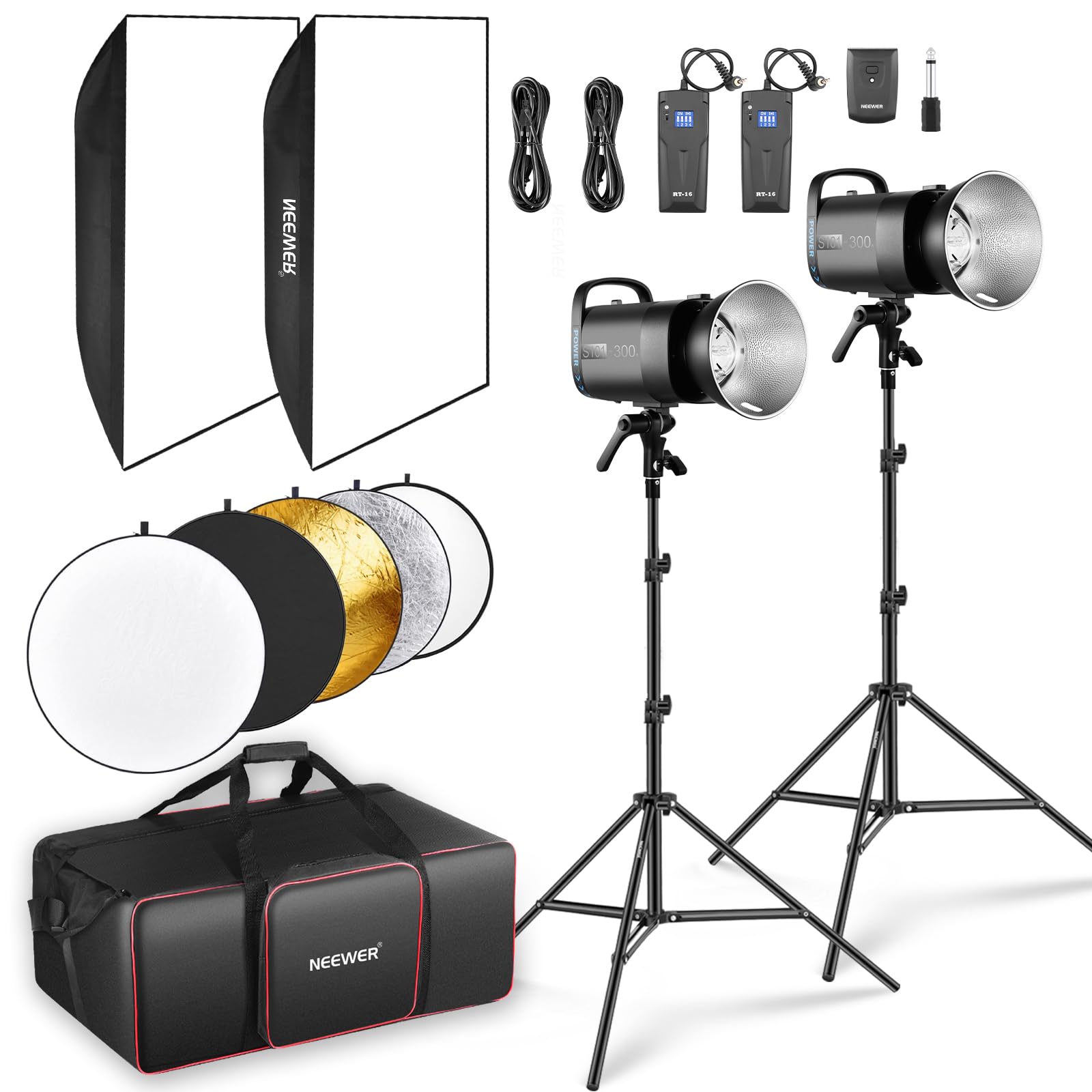 NEEWER Kit Flash monolight Studio 600W : 2 x lumières stroboscopiques S101-300W 5600K avec lumières de modélisation 150W/monture Bowens/boîte à lumière/Supports, réflecteur/déclencheur RT-16/sac