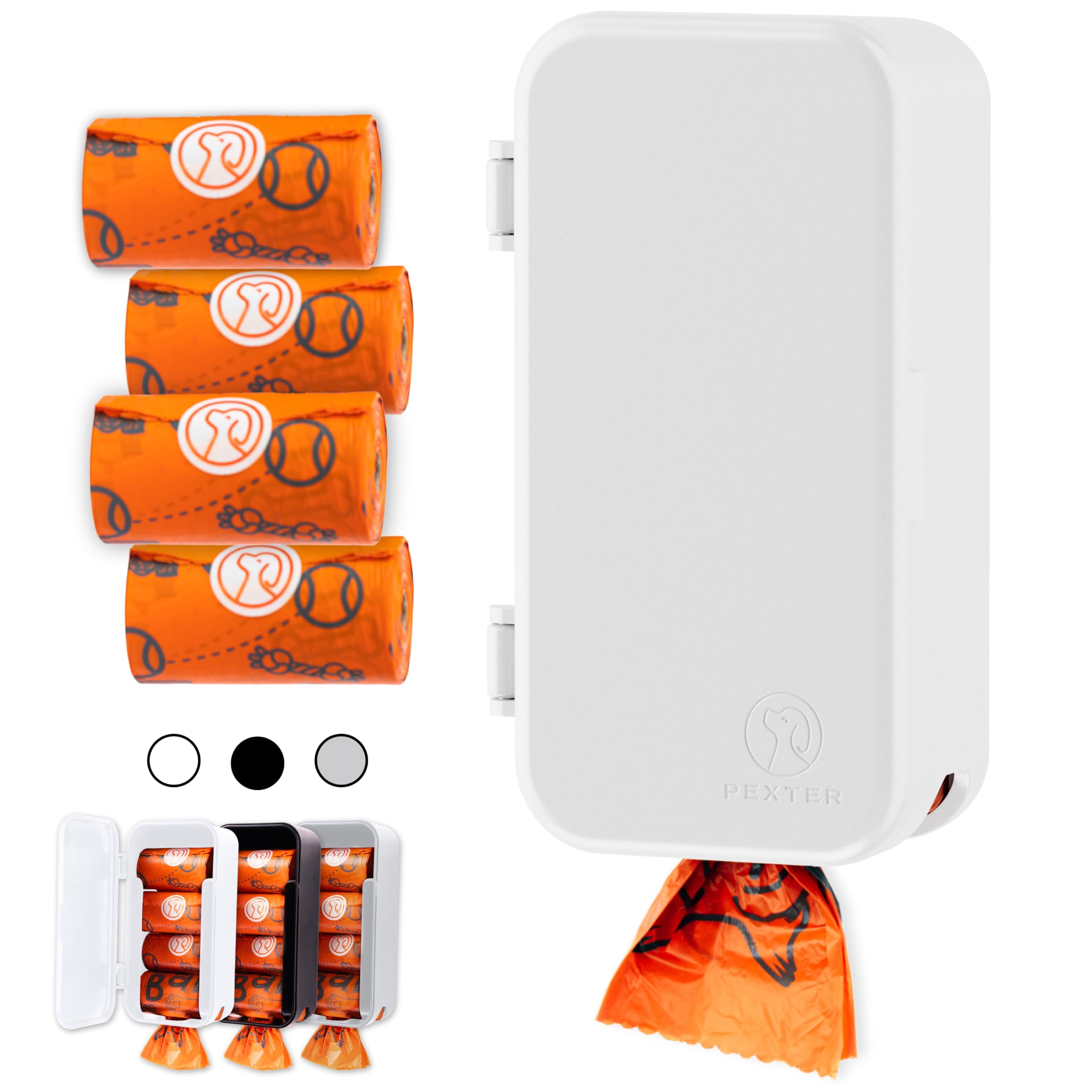 Dog Poop Bag Dispenser - Outdoor or Indoor Pet Waste Bag Dispenser Station - Stick-On or Screw-On Wall Mount - Poop Bags Storage Outdoor Container - Includes 4 Doggie Bag Rolls (White)