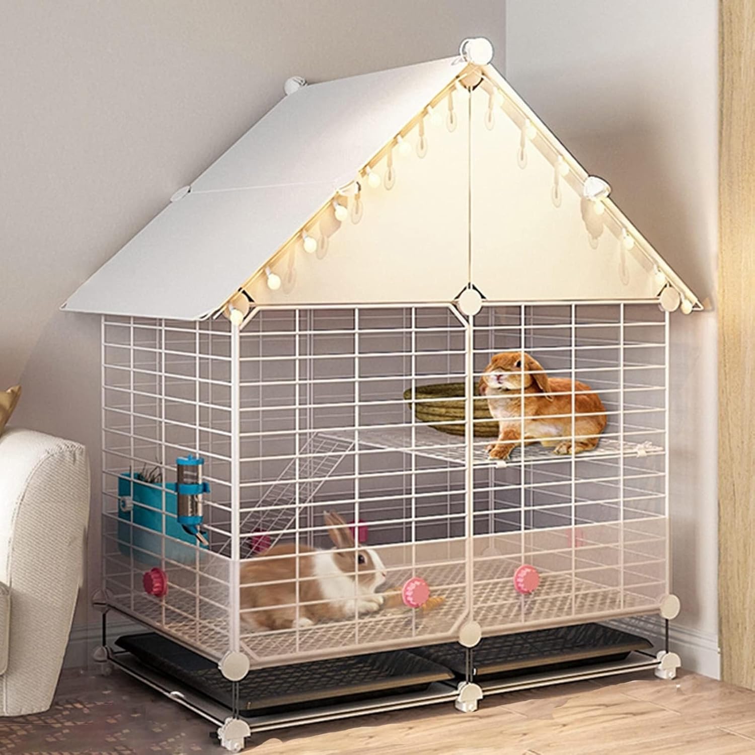 Rabbit Hutch Bunny Cages,pet Rabbit Hutch,Indoor Rabbit Cage,Bunny Run Cage,Anti-Spray Rabbit Cage,Includes Mesh Foot Pads,Pull-Out Tray, and Anti-Pee Baffle(Color:White,Size:75 * 39 * 94cm)