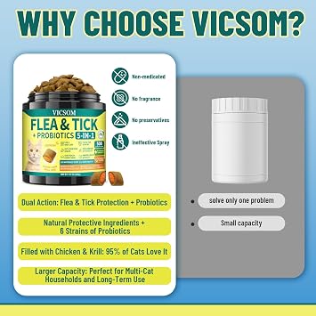 VICSOM Cat Flea & Tick Support Chews, Probiotics for Cat, 500 Crunchy Chews