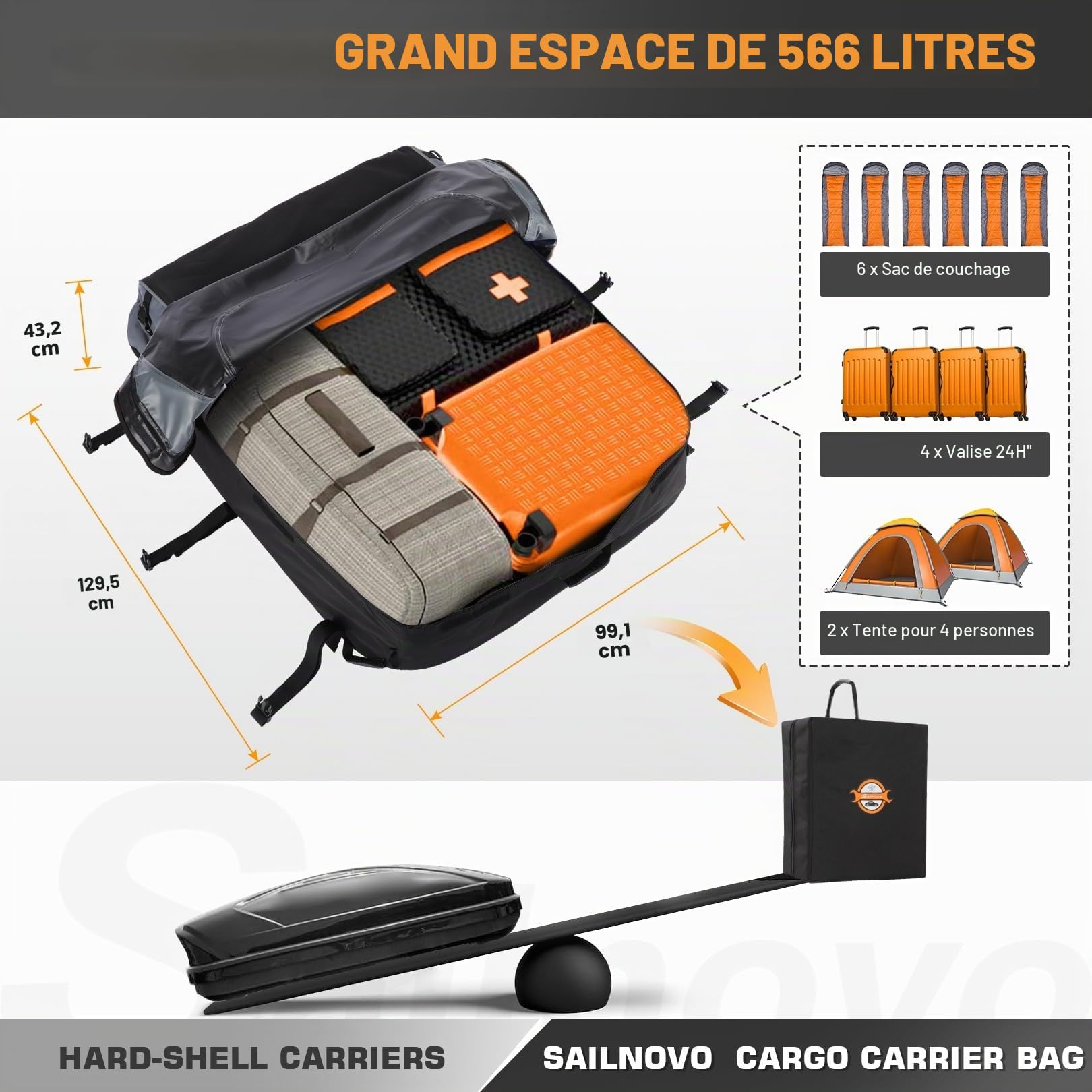 Coffre de Toit de véhicule Sac de Toit Voiture pour Voyage Résistant aux Intempéries 559L 700D Nylon, 8 Sangles Renforcées, 6 Crochets de Porte pour Les Voyages et Le Transport des Bagages