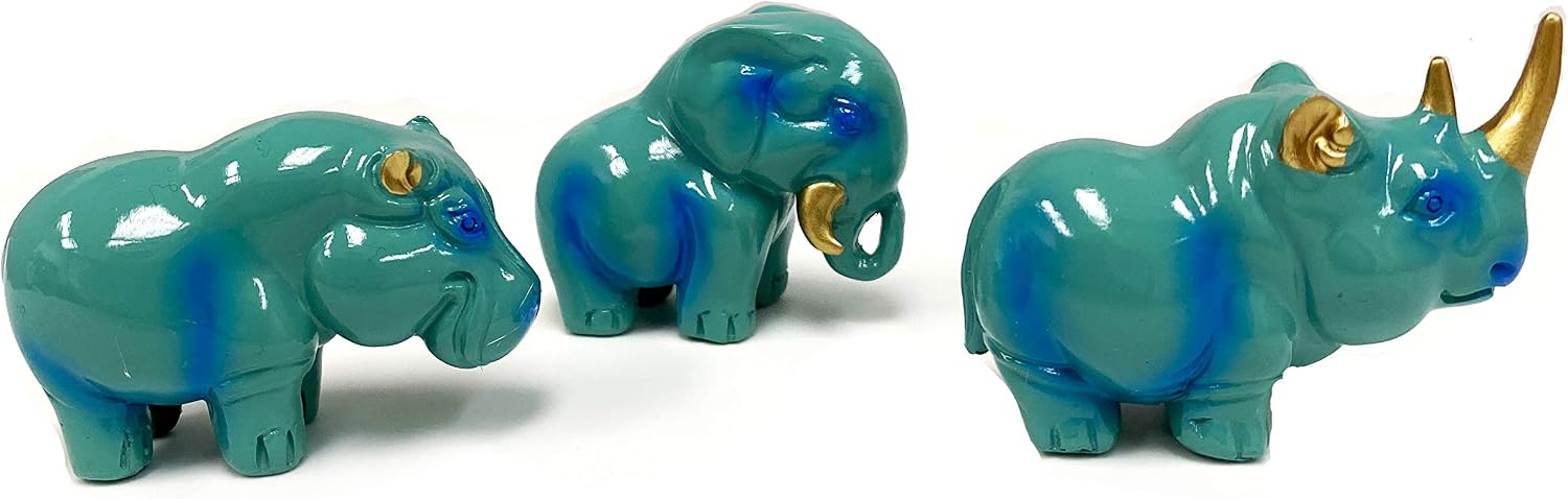 Set of 3 Blue Animal Statues Rhinoceros Elephants Hippopotamus Wealth Lucky Figurine Home Decor Housewarming Gift