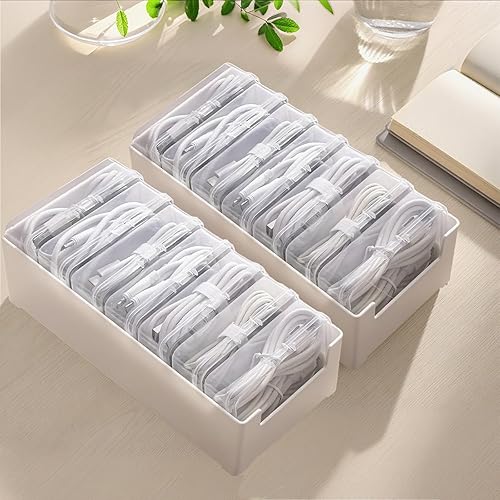 RayHenry 2 PCS Cable Organizer Box with 7 Clear Switch Case, Desktop Charger Cord Storage Organizer Box for Home Office Desk Accessories Wire