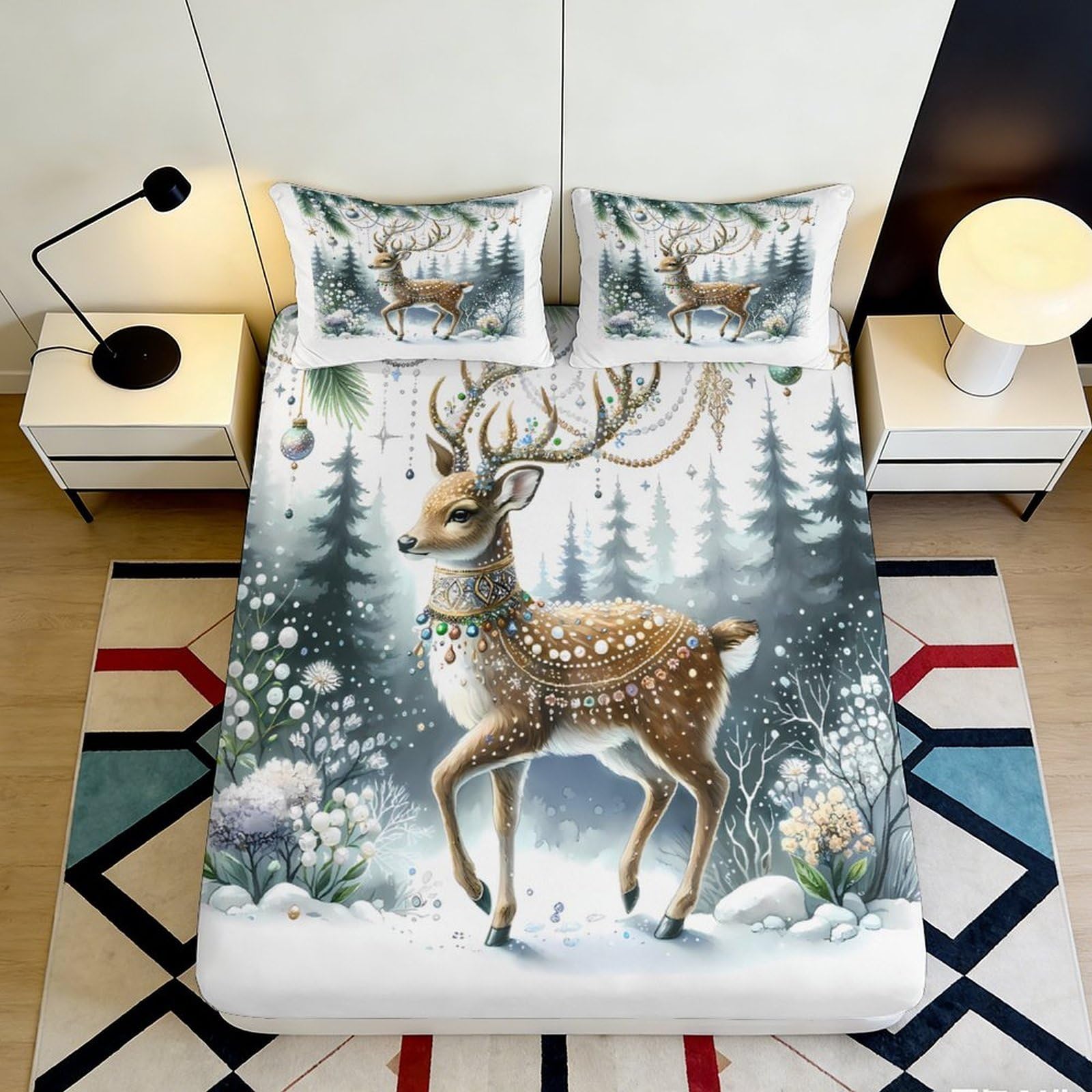 3D Printed Forest Deer Fitted Sheet Microfiber Soft Anti-Slip Woodland Bed Sheet for Bedroom Guest Room Decor 90x200x25cm