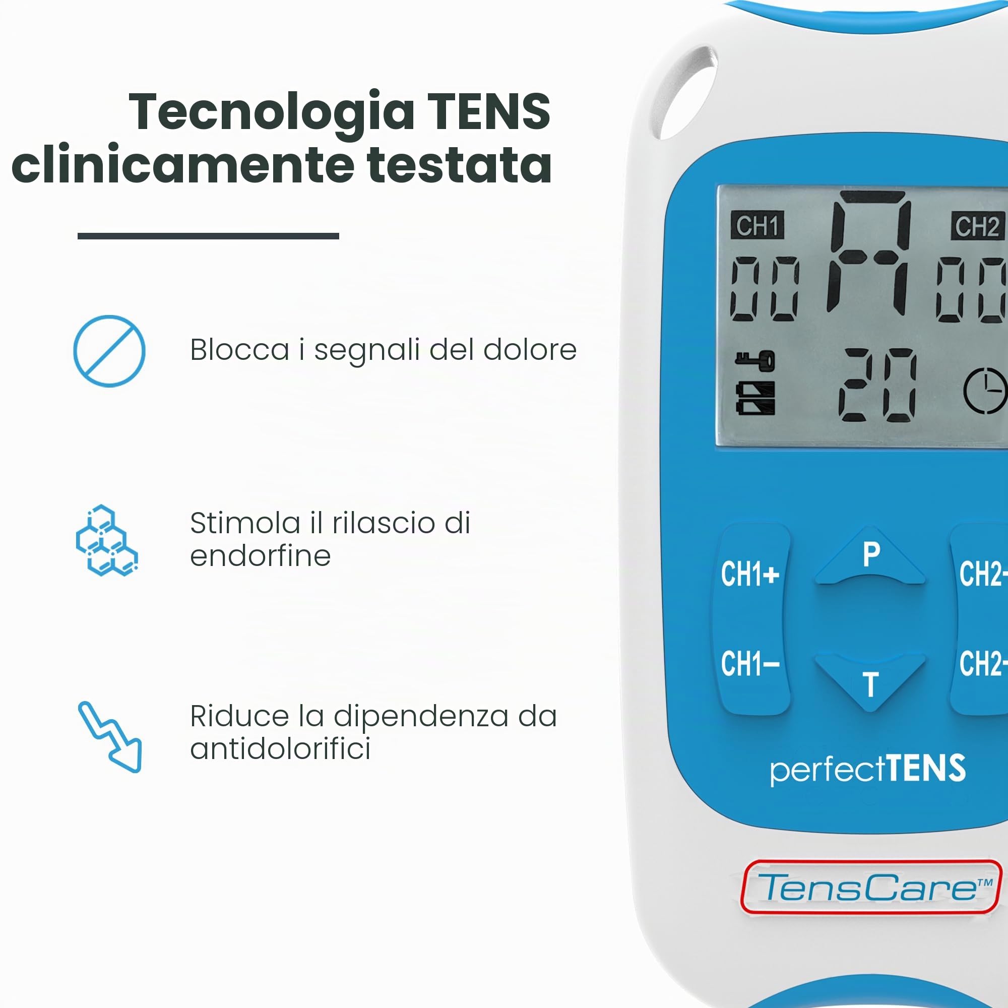 TensCare Perfect TENS - Dispositivo TENS con 16 elettrodi per sollievo dal dolore, programmi clinicamente testati per mal di schiena, artrite, dolore cronico, 2 canali