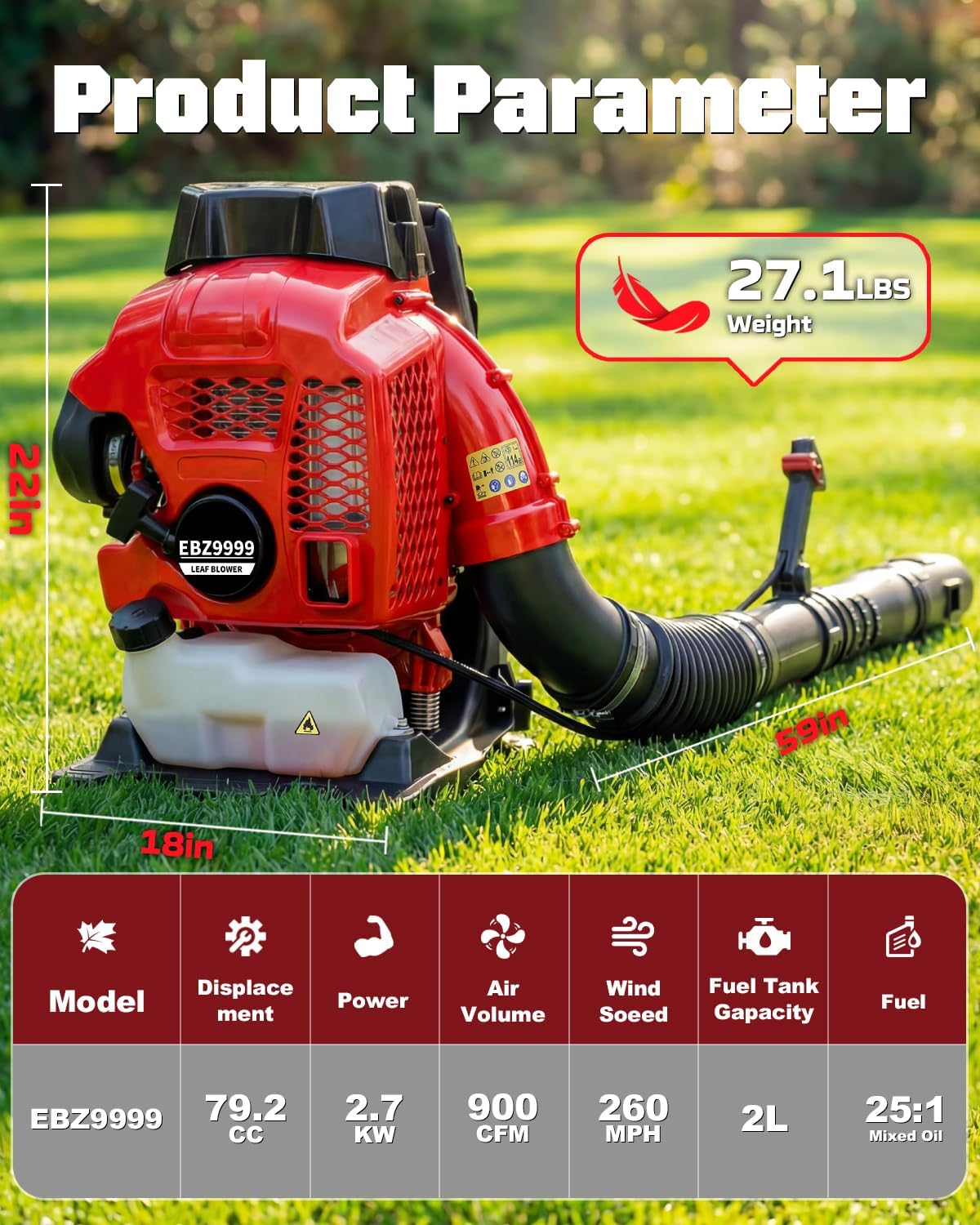 80CC Gas Backpack Blower, 900 CFM 260 MPH Gas Powered Leaf Blower with 2-Stroke Engine, Heavy-Duty Leaf Blower Backpack for Commercial Lawn Care (Red – 80CC)