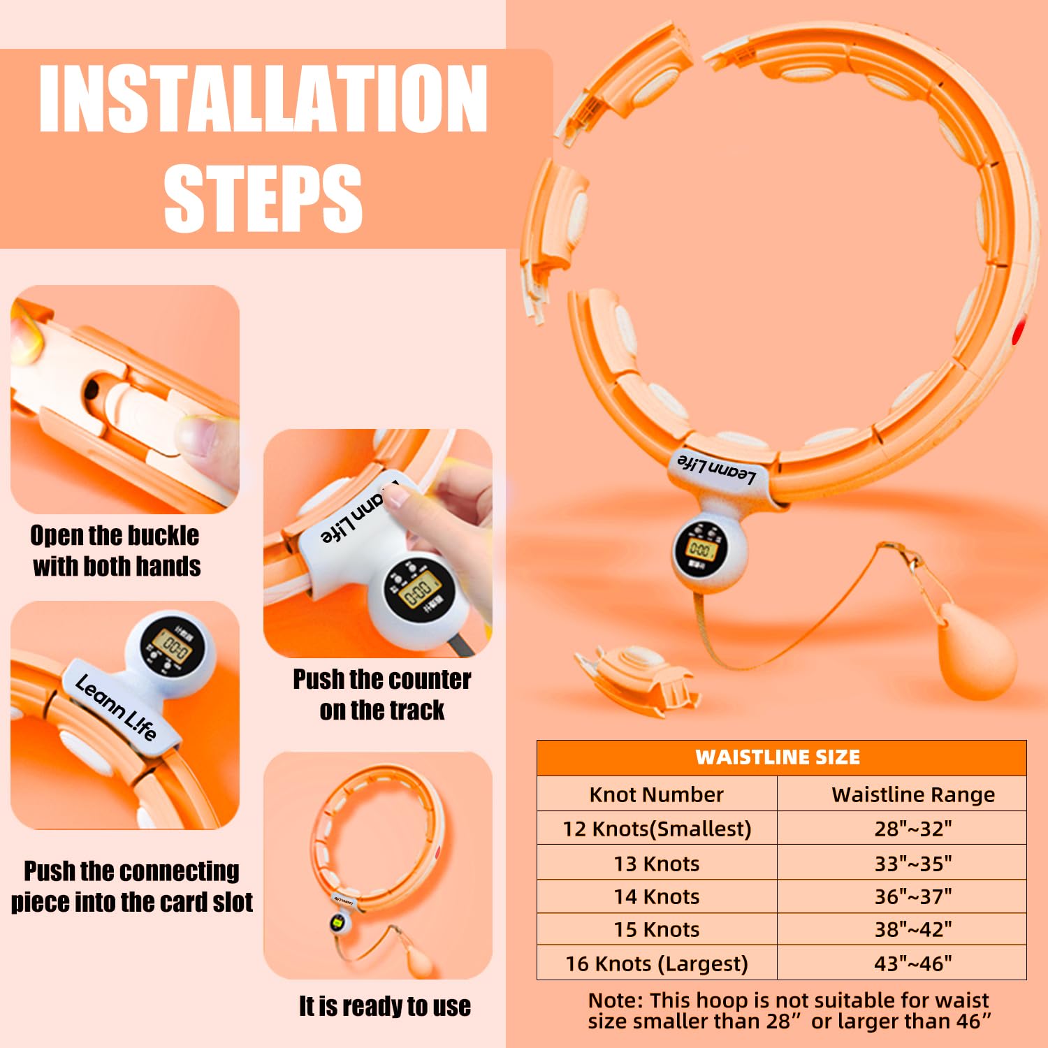 U5-16 nodi con contatore, U5 Silent Smart ponderato Hula Hoop per adulti perdita di peso Infinity Hoop Plus Size, esercizio fitness a casa all'aperto, tonificante addominale, (arancione -