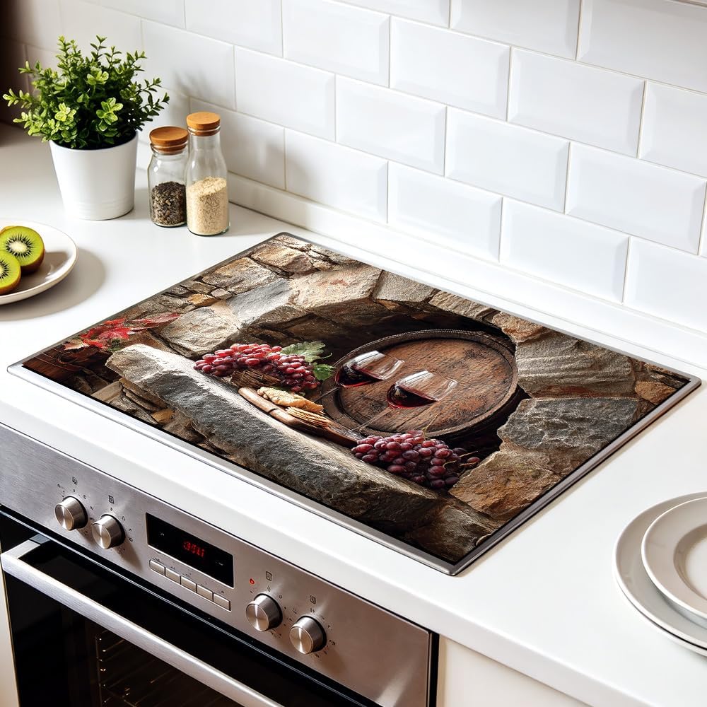Stove Mat 20.47 x 28.35 Inch Wine Barrel Grapes and Cheese Design Rustic Wine Kitchen Decor Cover for Farmhouse Stove Top Decoration