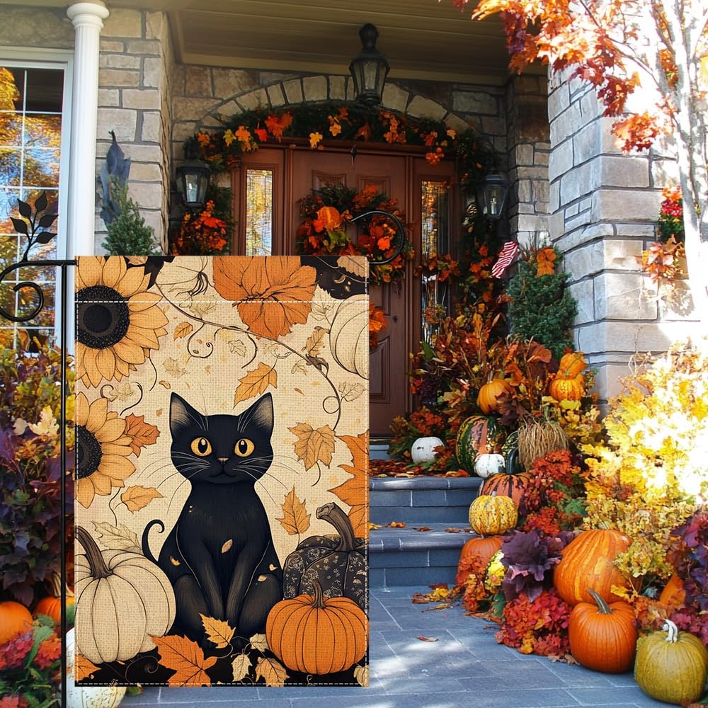 Fall Cat Pumpkin Garden Flag for Outside 12x18 Inch Double Sided Burlap Autumn Thanksgiving Maple Leaf Sunflower Flowers Farmhouse Holiday Rustic Outdoor Yard Flag Home Decorations - Image 2