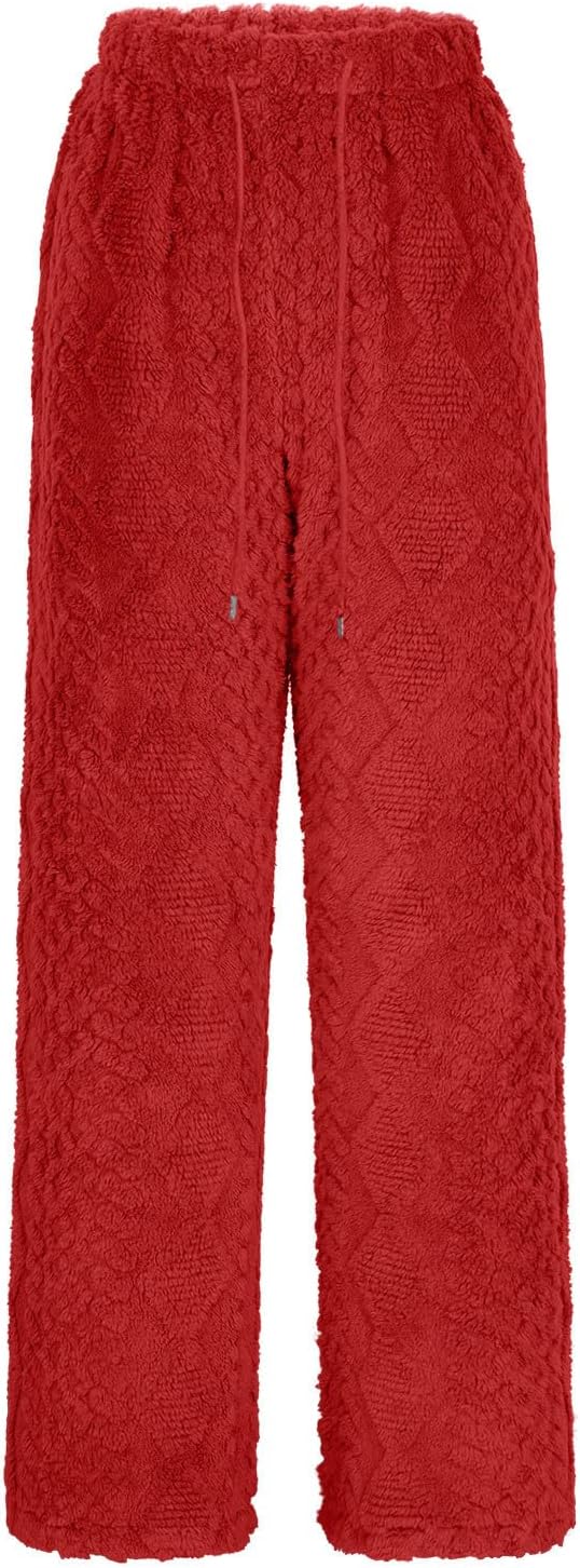 Fuzzy Pajama Pants Women Casual Loose Drawsting Wide Leg Plush Pjs Pants Thermal Soft Fleece Lounge Home Bottoms