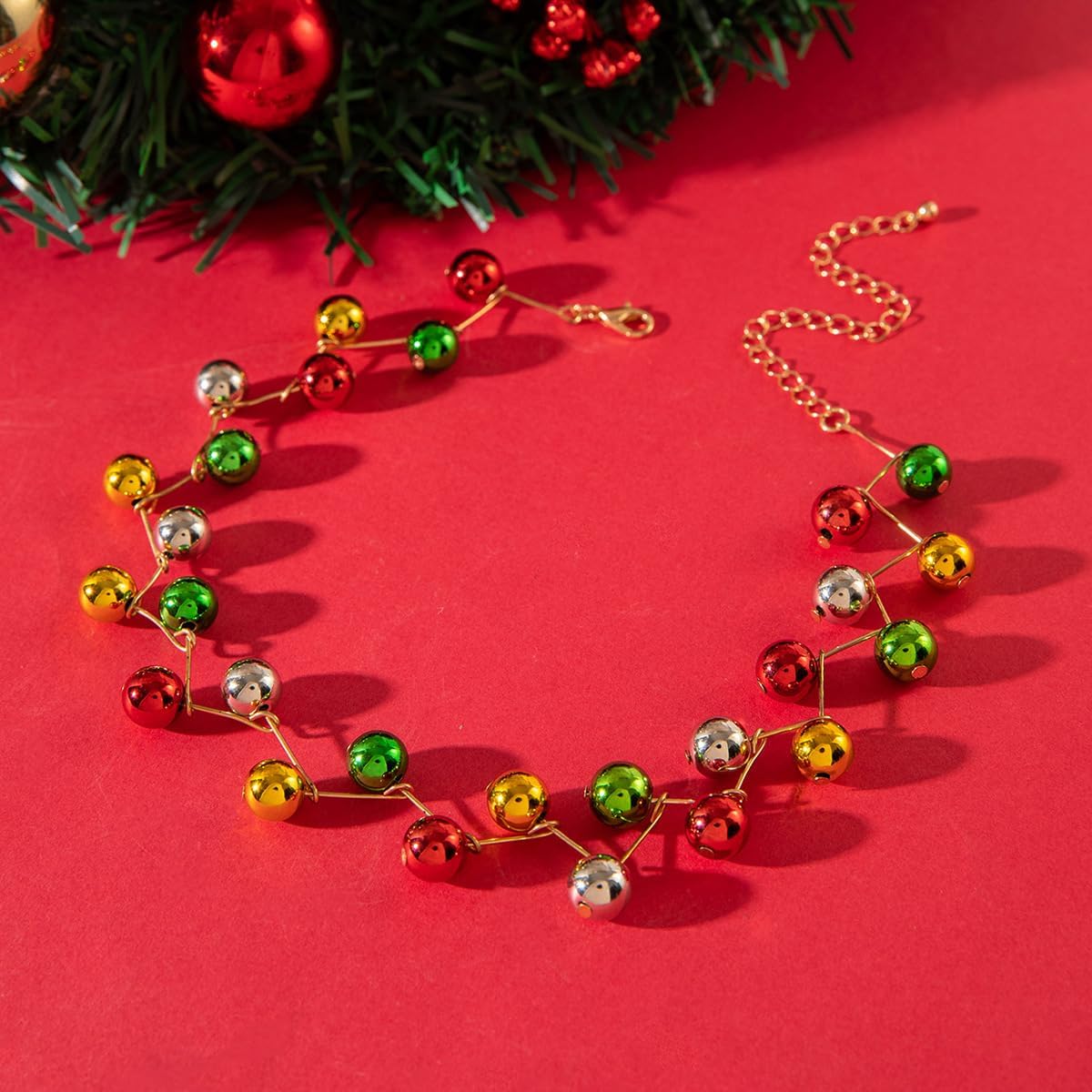 Colorful Beaded Ball Christmas Gold Silver Red Green Cute Ornament Choker Necklace for Women - Gold Plated Chain Link Adjustable Xmas Holiday Festive Accessory Neck Necklaces Unique Gothic Jewelry - Image 4