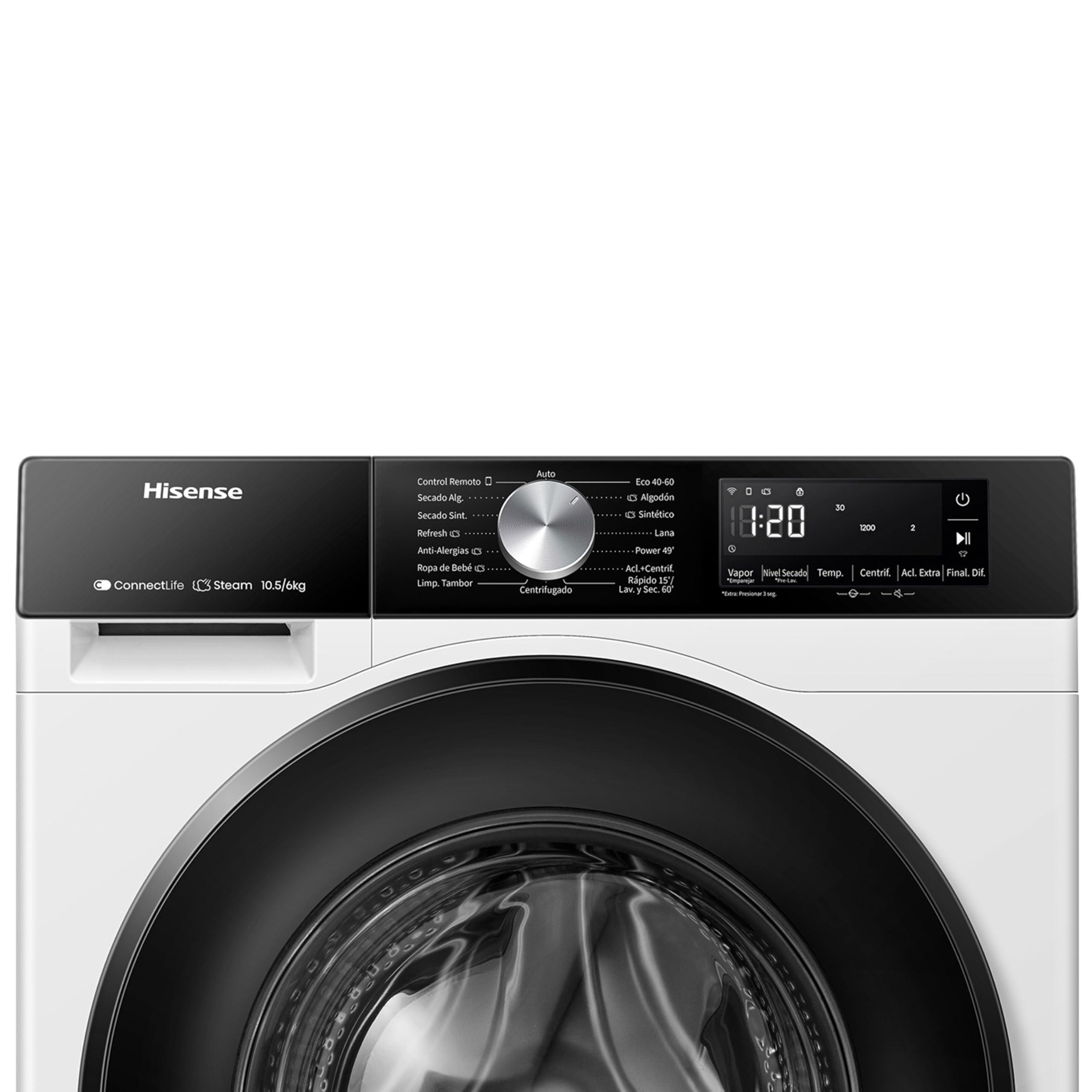 Hisense WD3S1043BW3 - Lavadora Secadora 2 en 1 con Vapor,Clase D/A, Carga Frontal 10.5 kg Lavado, Secadora 6 kg, Conectividad WiFi, Programación Asistida, Monitor de Consumo, Serie 3S, Blanco