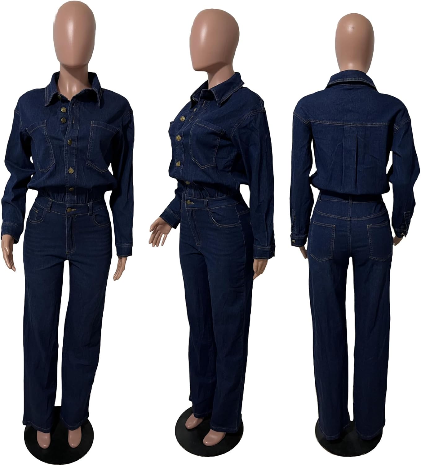 THLAI Denim Jumpsuits for Women Long Sleeve Button Down Shirt Fitted Waist Wide Leg Jeans Jumpsuits Denim One Piece Outfits - Image 4