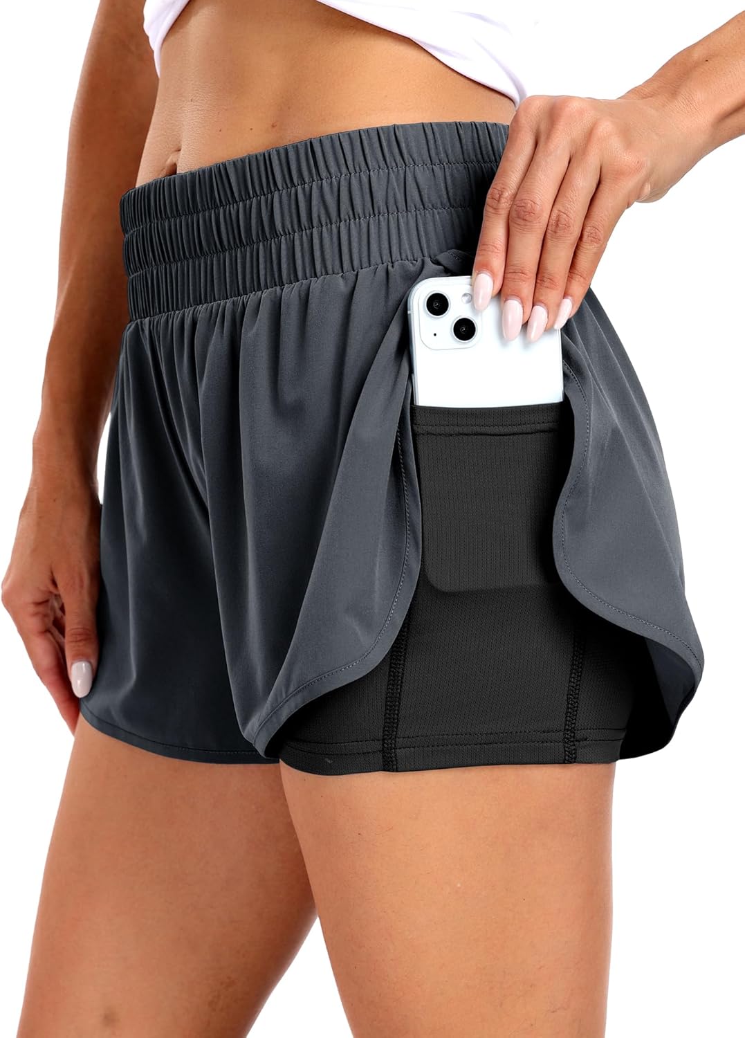 Haimont Women's Running Shorts 2 in 1 High Waisted Athletic Shorts with Drawstring Pockets 3" Compression Liner Shorts - Image 2