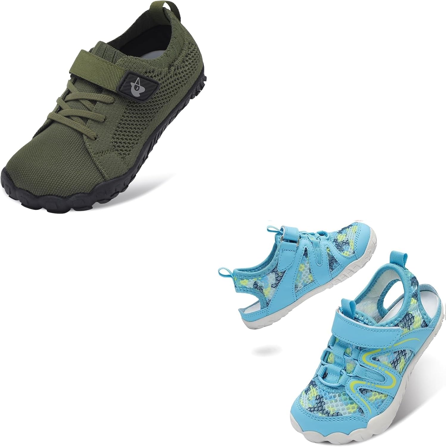 LeIsfIt Kids Shoes Wide Barefoot Hiking Sneakers ArmyGreen and LightBlue Size 13
